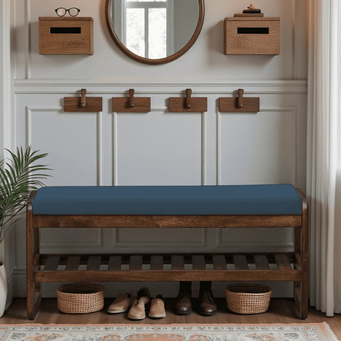 Viken Solid Wood Shoe Rack with Seating in Walnut Brown finish