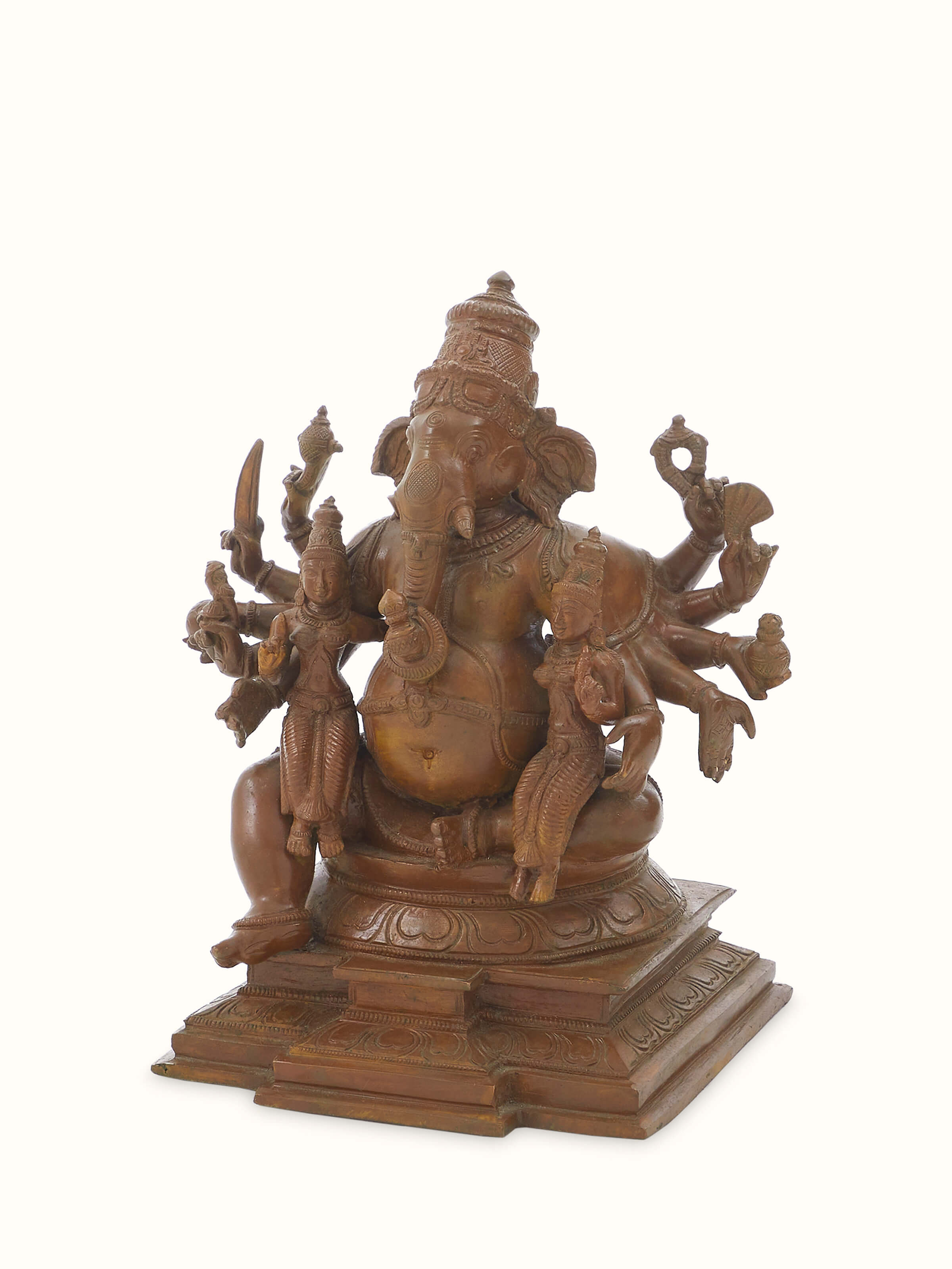 Angle view of Spectacular Bronze Casting Ganesha with Siddhi Buddhi Idol by Swadesh focusing on the intricate details of the idol.