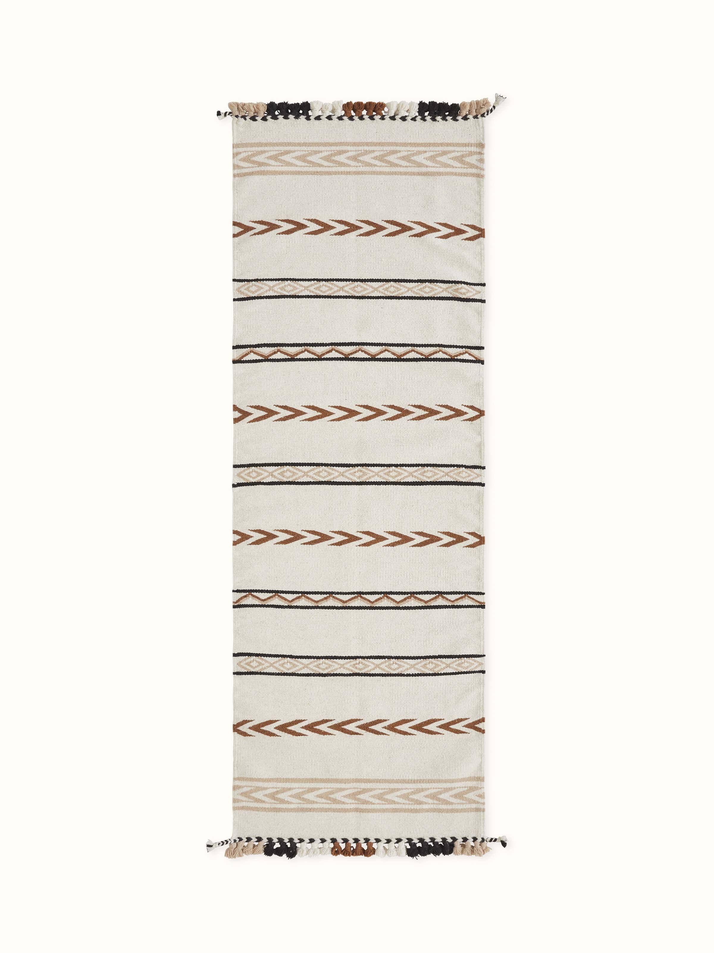 Front view: Front view of ivory Gujarat Panja runner with bold geo stripe pattern in wool and cotton.