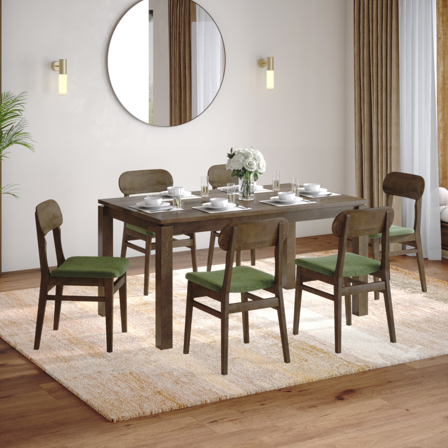Atlas Solid Wood 6 Seater Dining Table With 6  Lunar Dining Chairs (Finish : Danish Walnut, Chair Colour : Moss Green)