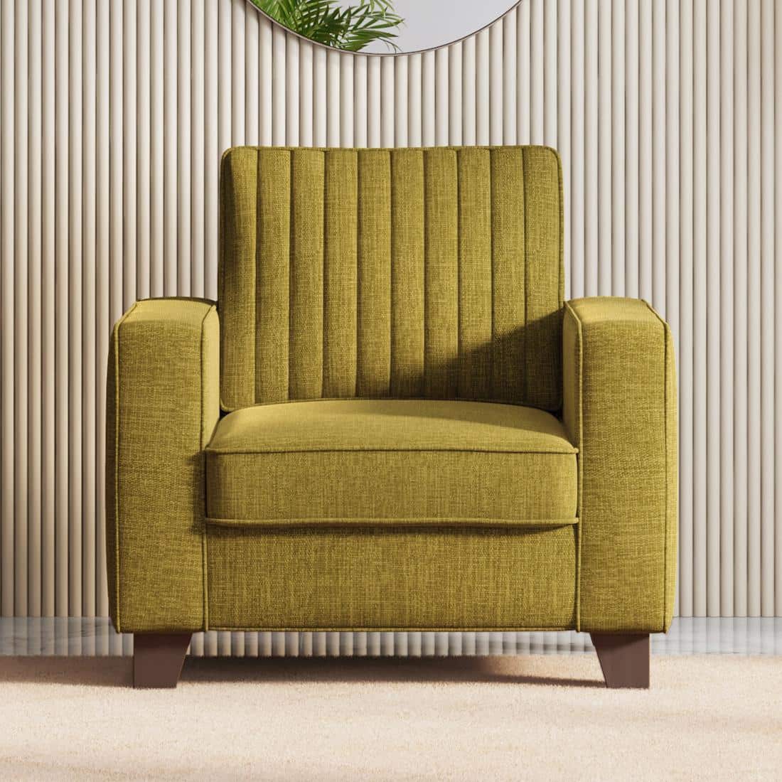 Apollo Neo 1 Seater Fabric Sofa in Olive Green Colour (Back Height : Regular, Cushion Type : Soft)