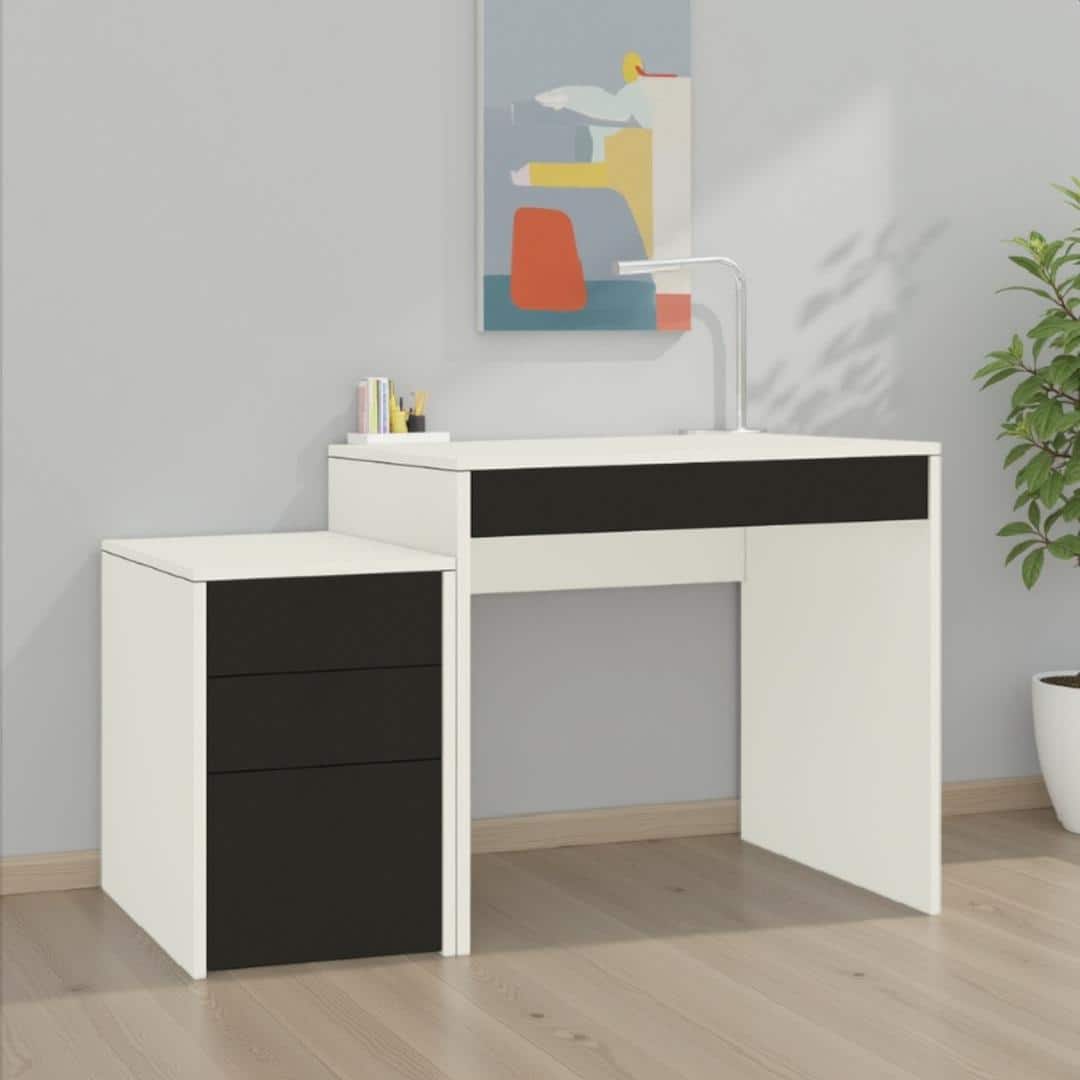 Eskada Study Desk cum Printer Table with 4 Handle Less Drawers in Ivory Carbon Black Colour