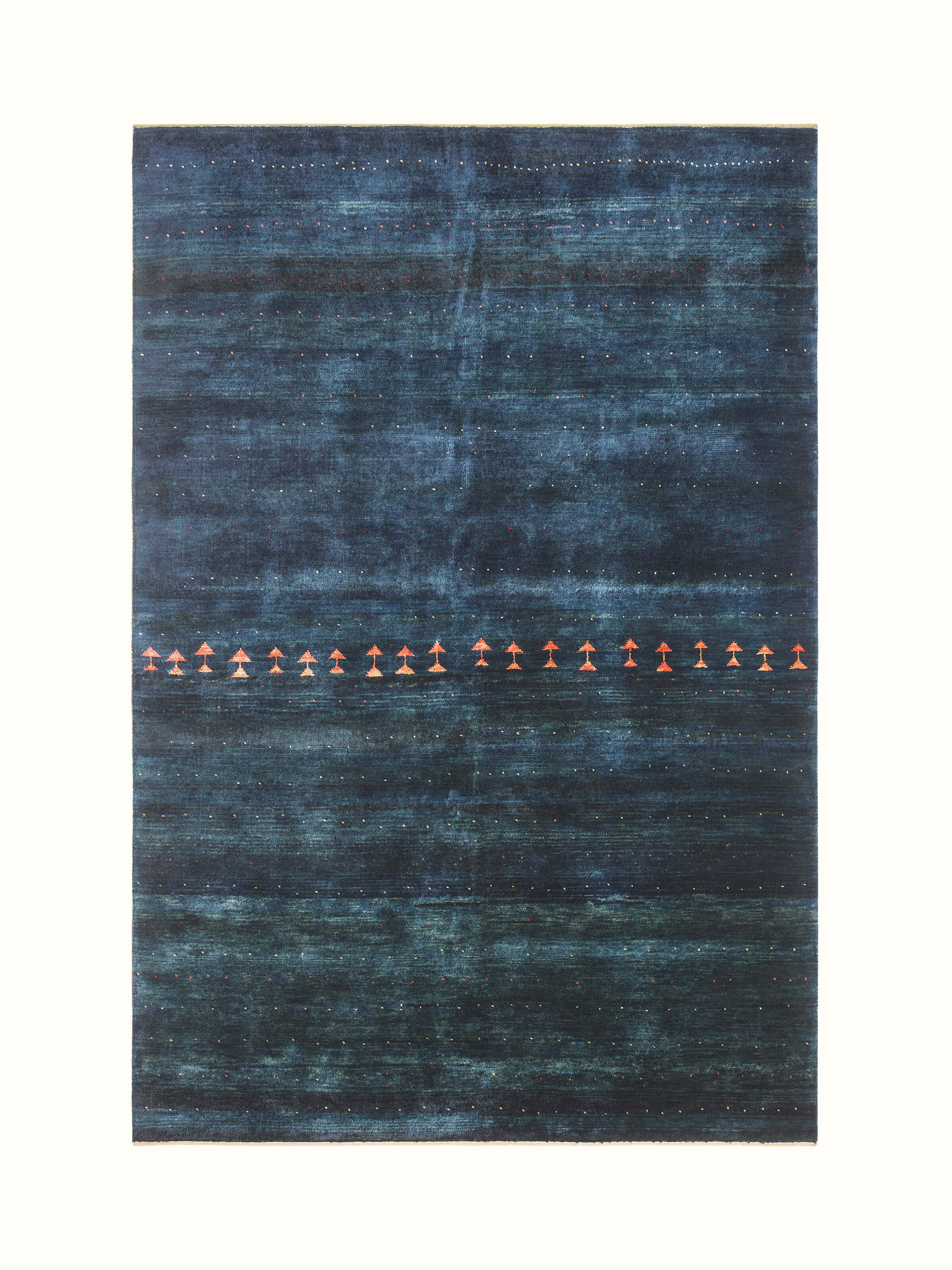 Full view of the Traditional Gabbeh blue Jaipur wool hand-knotted carpet, showcasing its color and pattern.