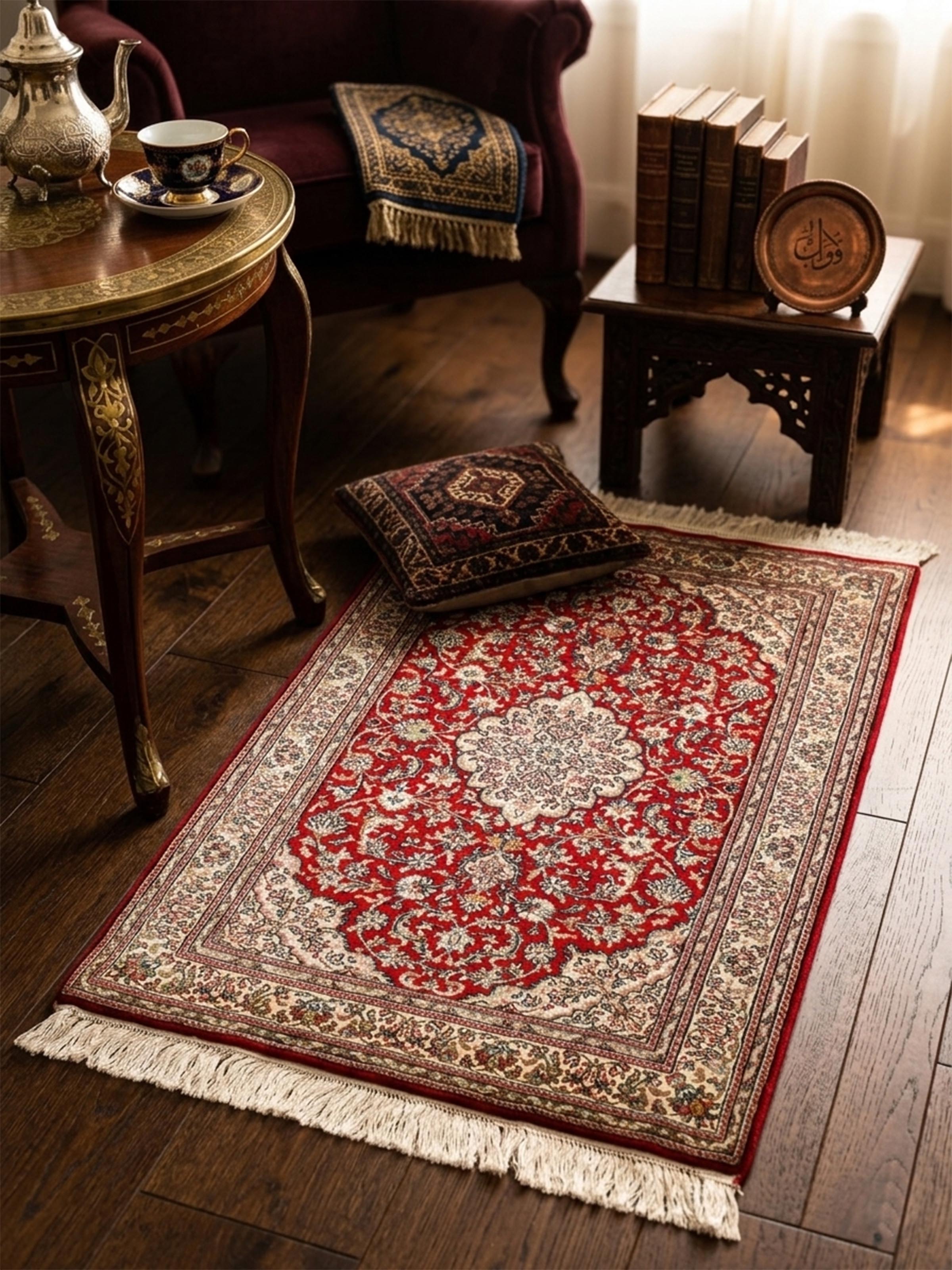 Traditional Persian Red Ivory Kashan Kashmir Silk Hand-Knotted Carpet