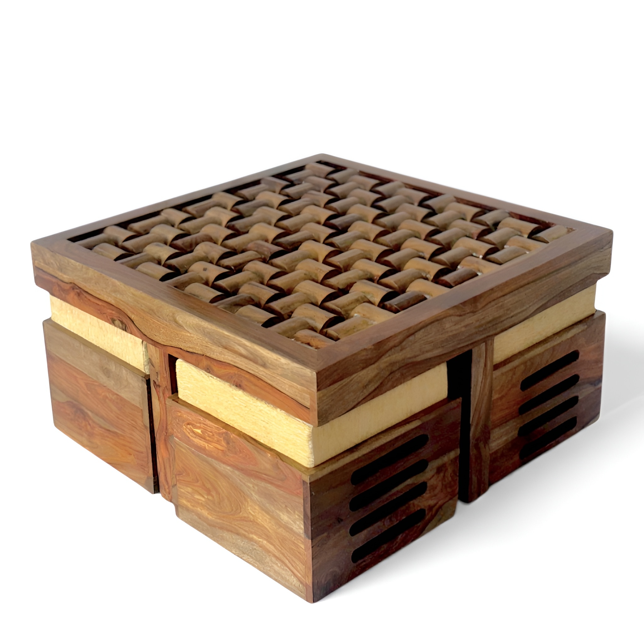 Nirva Sheesham Wood Accent Coffee Table Set With 4 Stools In Teak Finish With Beige Mossy Fabric Cushions