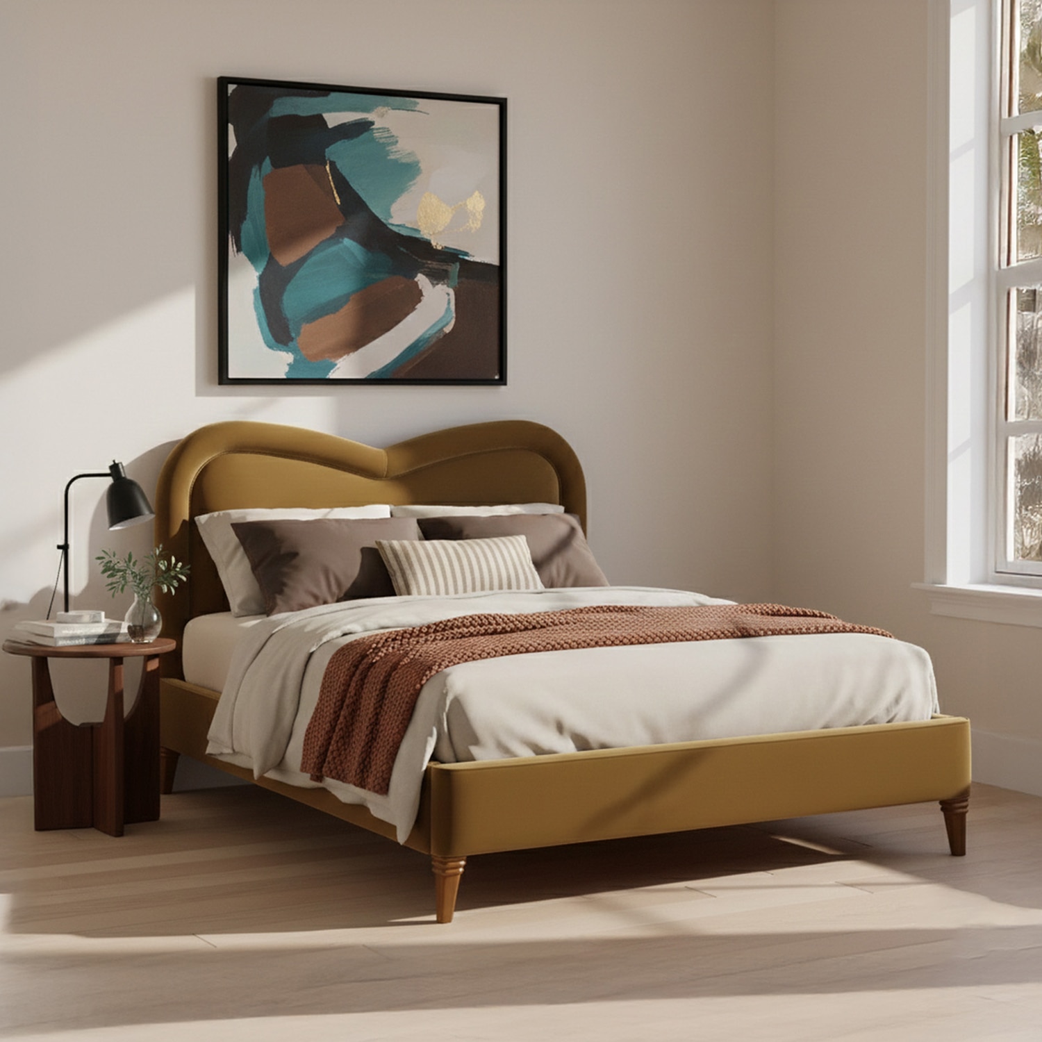 Elaris Curve Comfort Queen Size Bed in velvet With Engineer Wood Frame & Hydraulic Storage - Nestroots