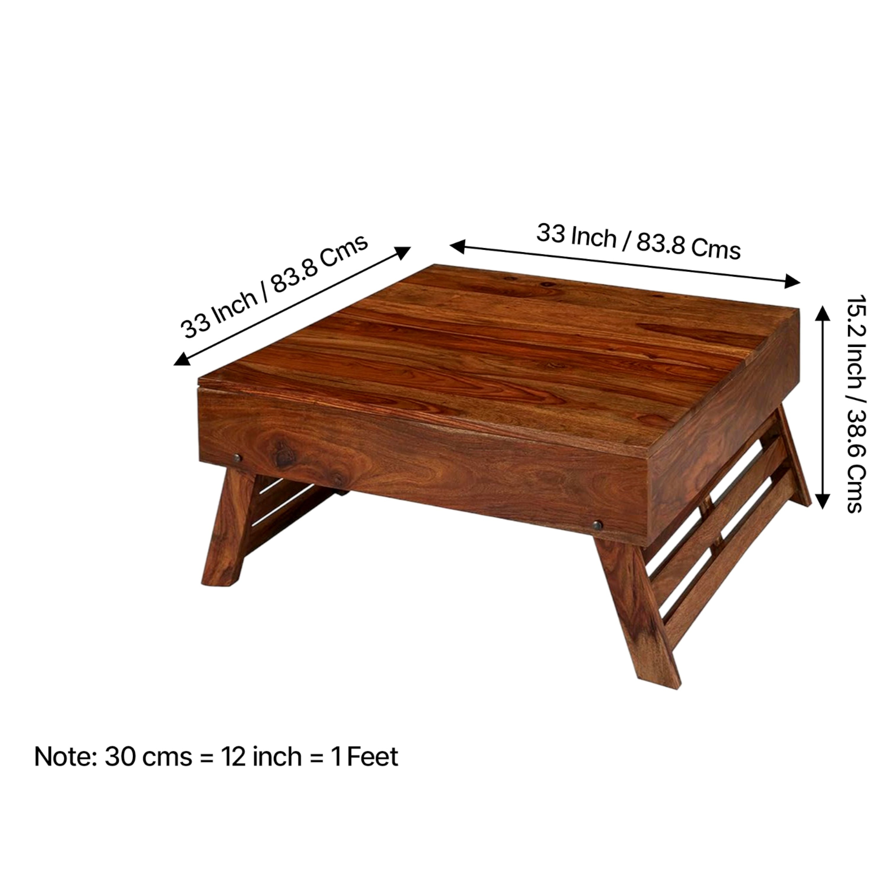 Bradford Sheesham Wood Contemporary Square Foldable Coffee Table In Natural Teak Finish