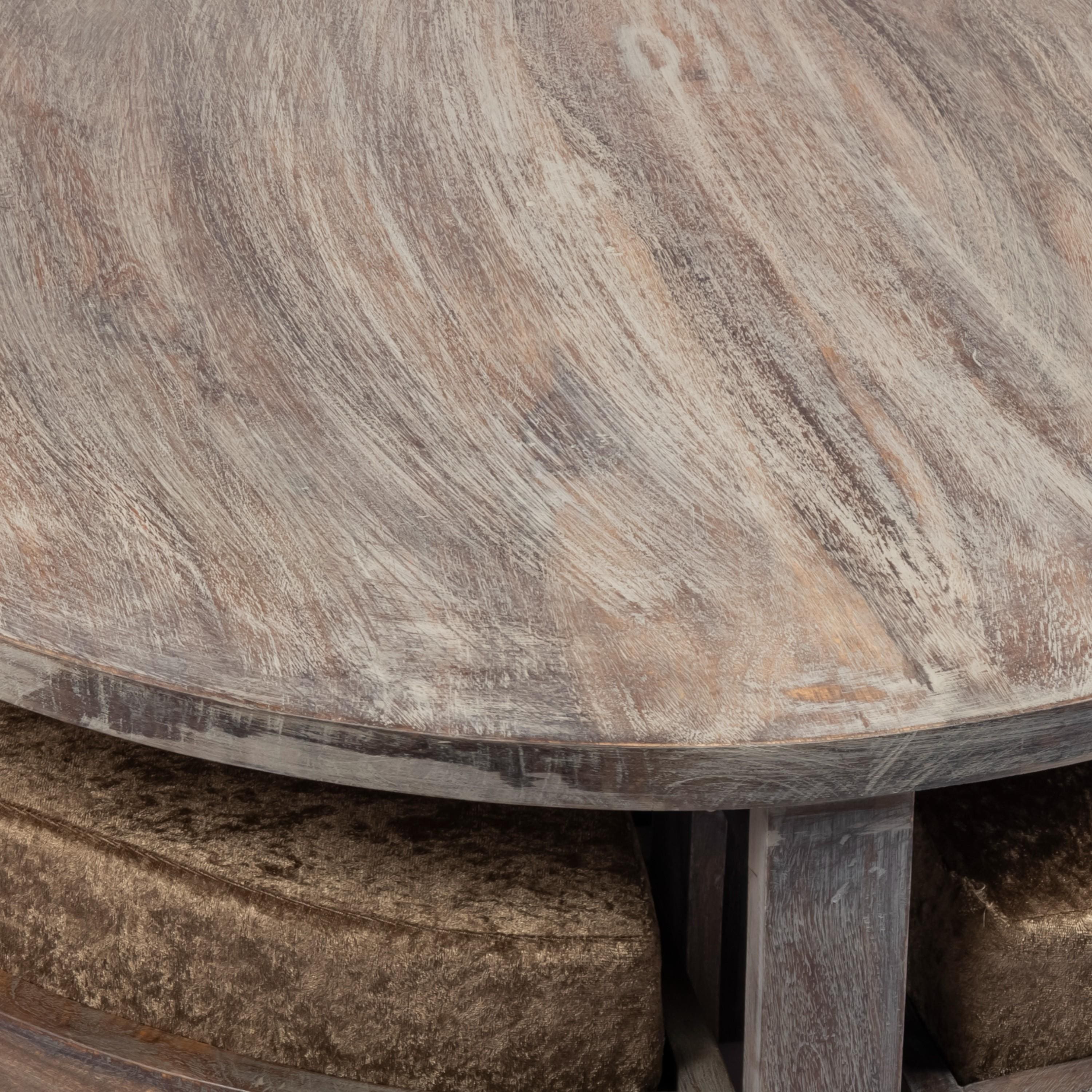 Nashville Sheesham Wood 4 Seater Coffee Table Set In Antique Grey Finish Green Sparkle Velvet Cushion