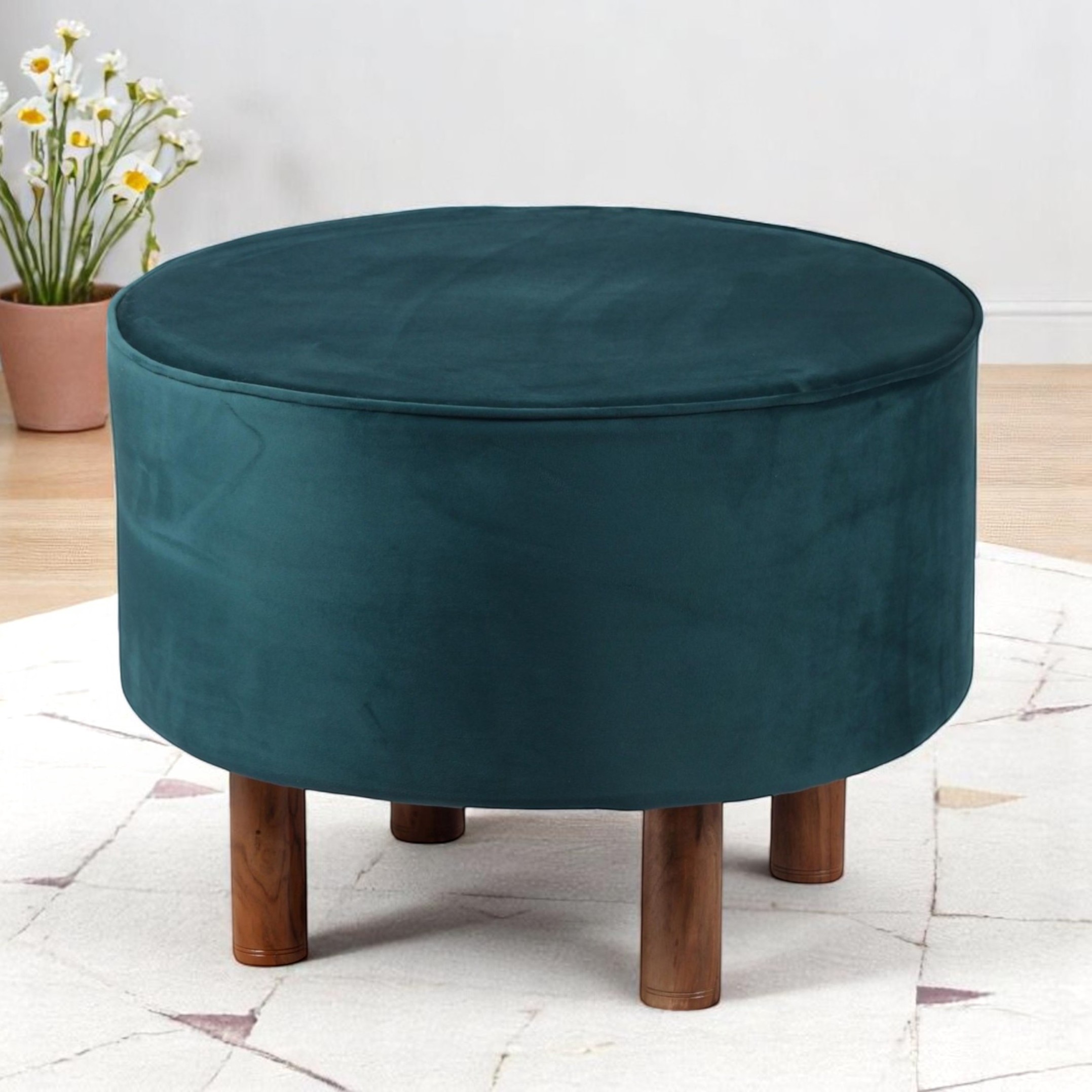 Rosslyn Solid Wood Ottoman Pouffee in Turquoise Sea Velvet