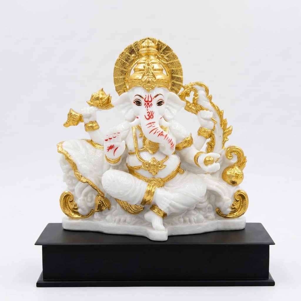 Devotional Kamal Vaibhav Ganesha Statue in White and Gold Colour - Vedas