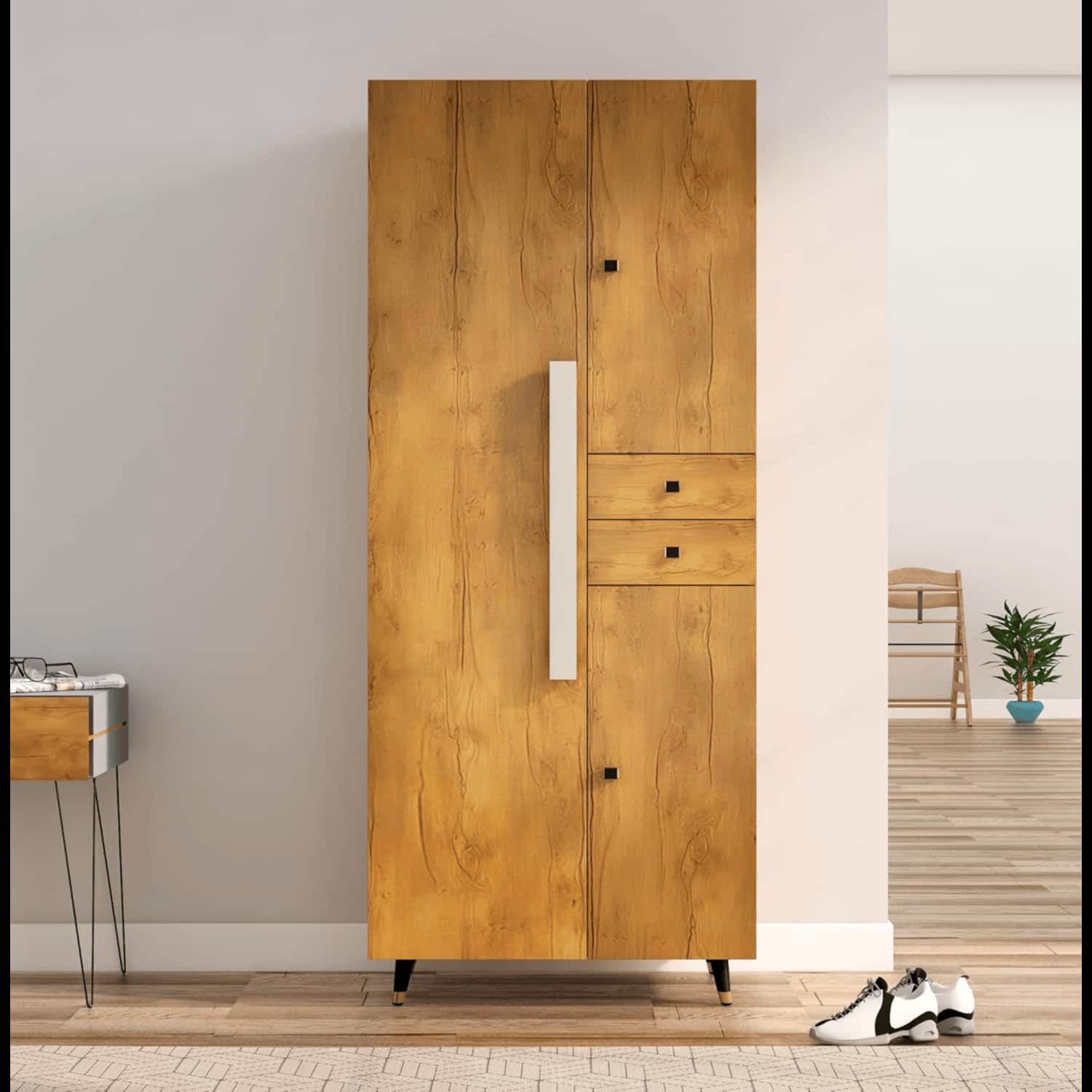 Hexa Red Wooden 2 Door Wardrobe with Drawer and Hanging Space in Giant Wood Colour - HexaRed
