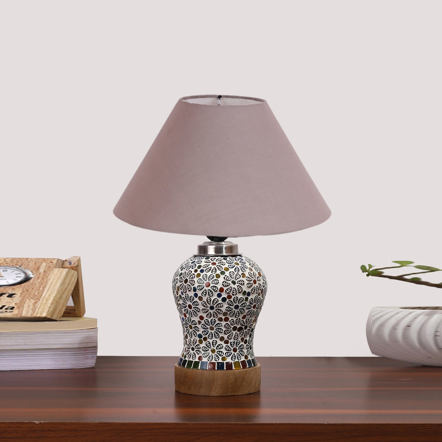 Devansh Conical Grey Cotton Shade Lamp With Wood & Mosaic Glass Base For Decoration/Office/Home/Gifting/Study For Decoration/Office/Home/Gifting/Study -(10X10X14.5) Inches -A