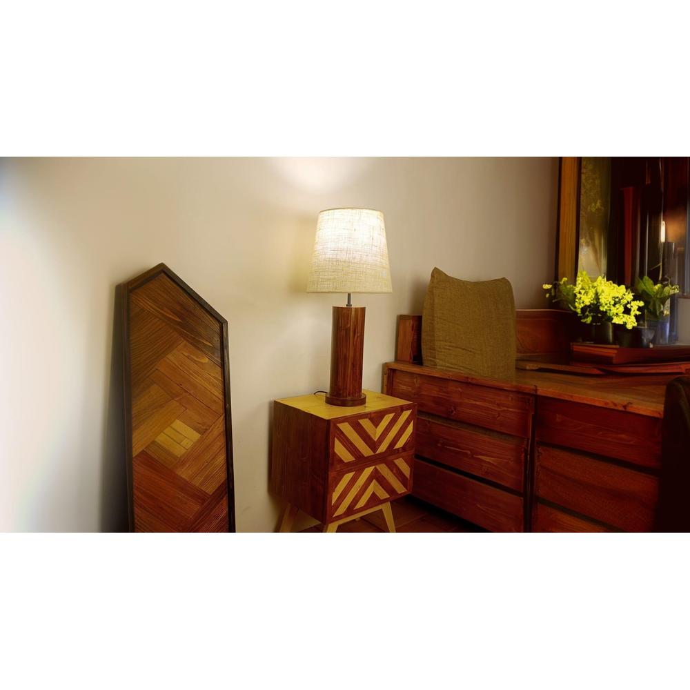 Cedar Brown Wooden Table Lamp with White Fabric Lampshade