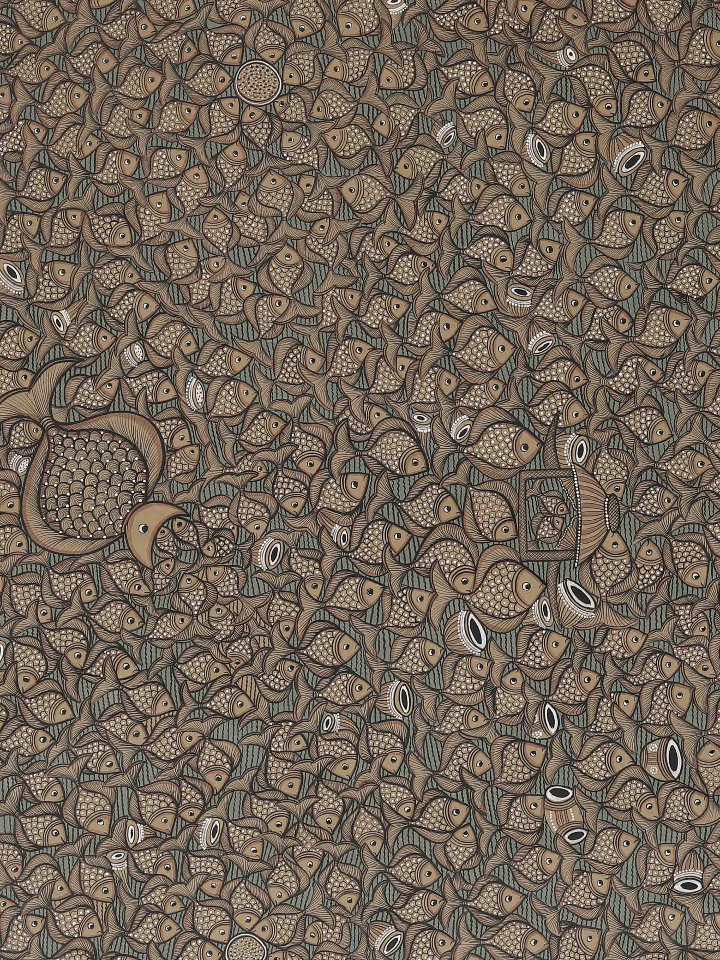 Close-up detail view of fishes Kalighat folk art painting texture