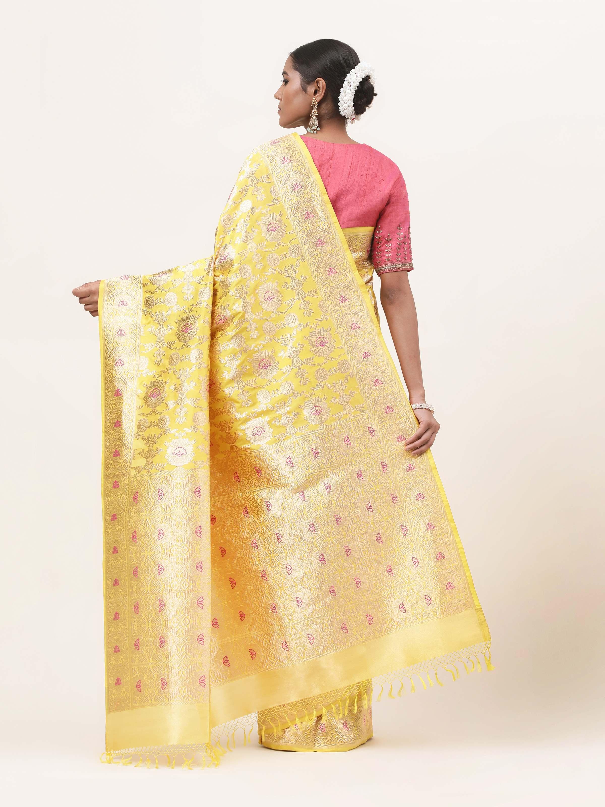 Back view of yellow mulberry Katan silk Banarasi saree showing border design