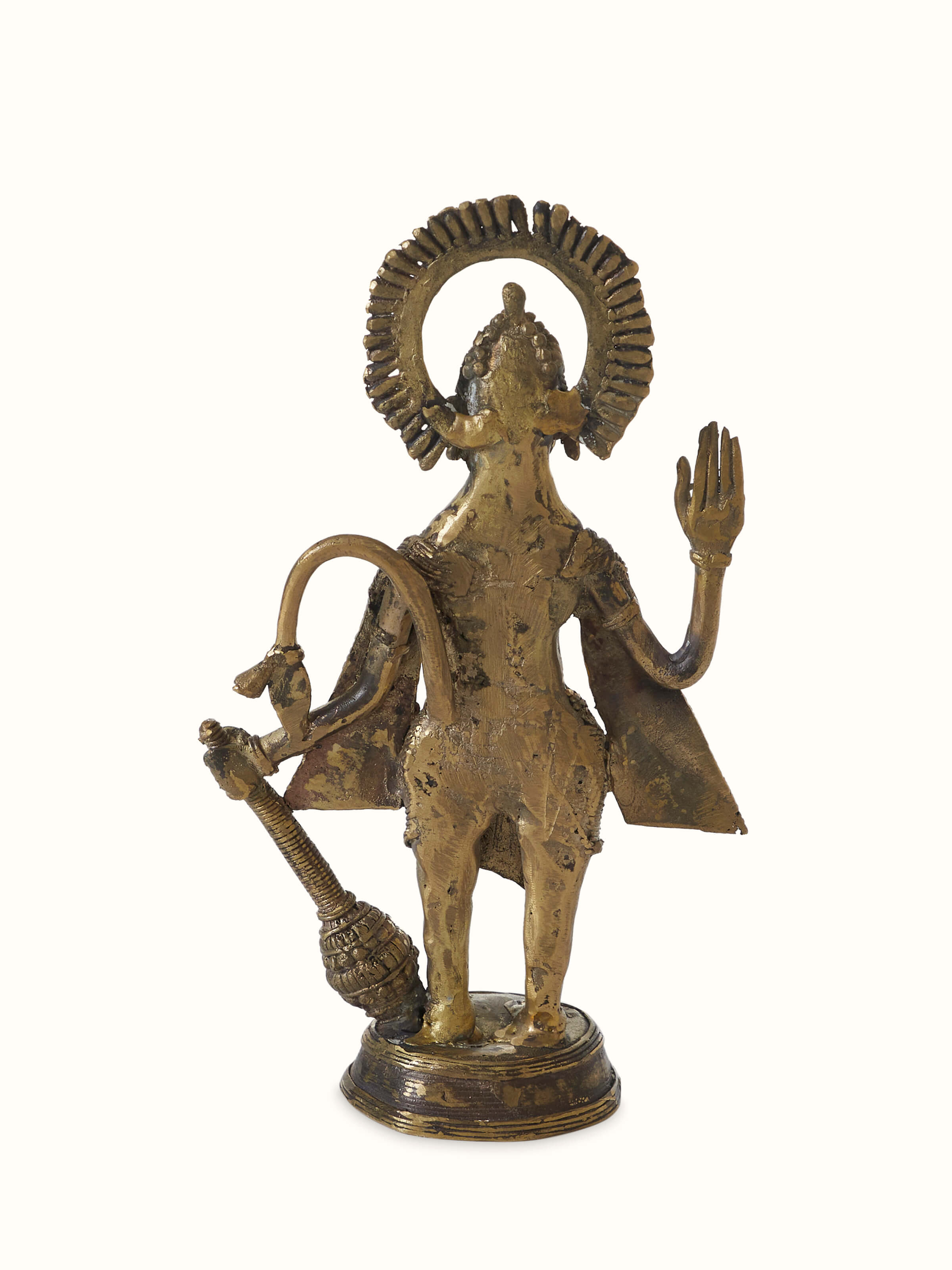 Back view of Dokra brass Hanuman Ji idol showing sculpted detailing