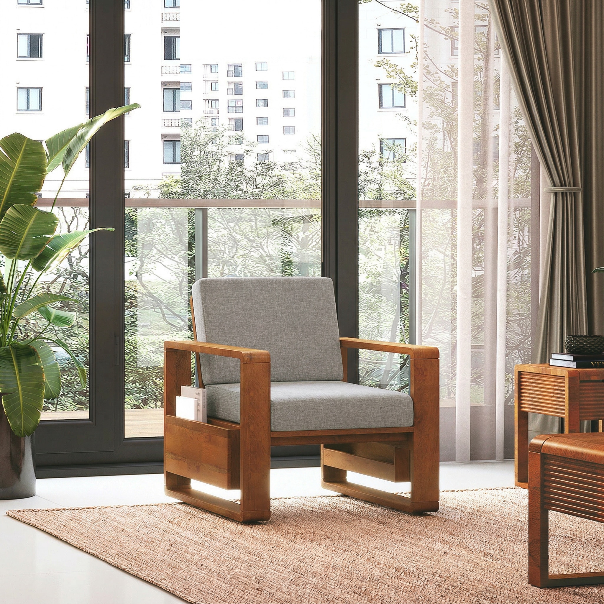 Moreno Single Seater Solid Wood Sofa In Amber Walnut Finish with Flint Grey Futon Colour - Urban Ladder