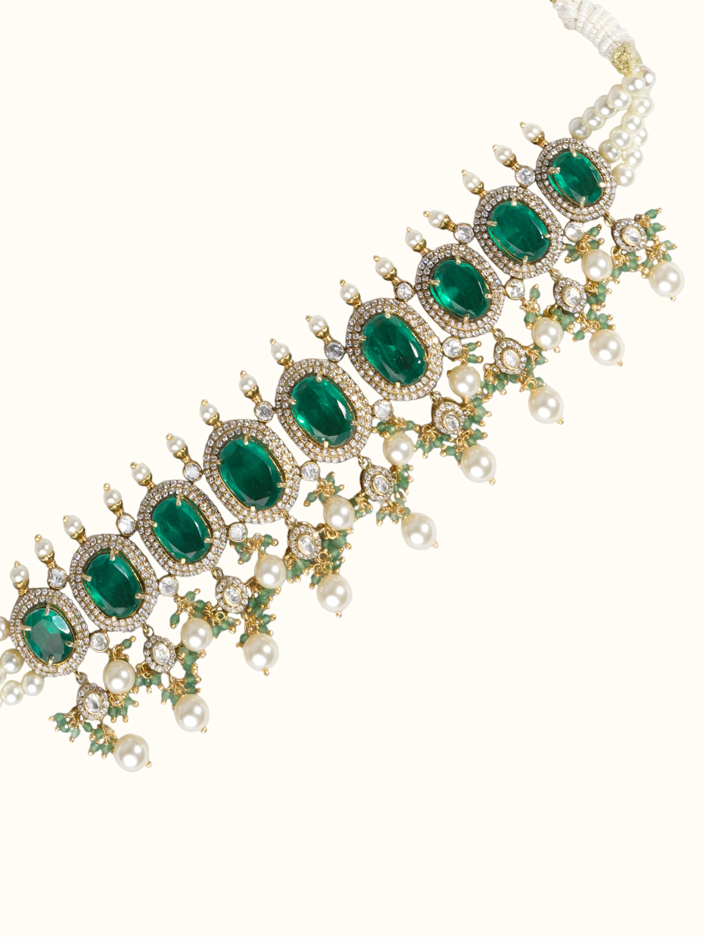 Close-up of handcrafted silver smithing detail on choker necklace