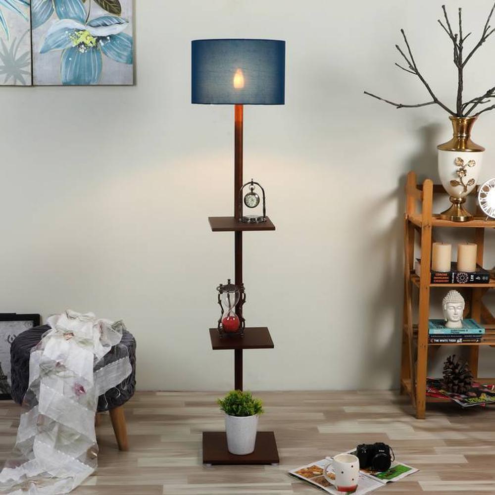 Jay Blue Cotton Floor Lamp with Solid Wood