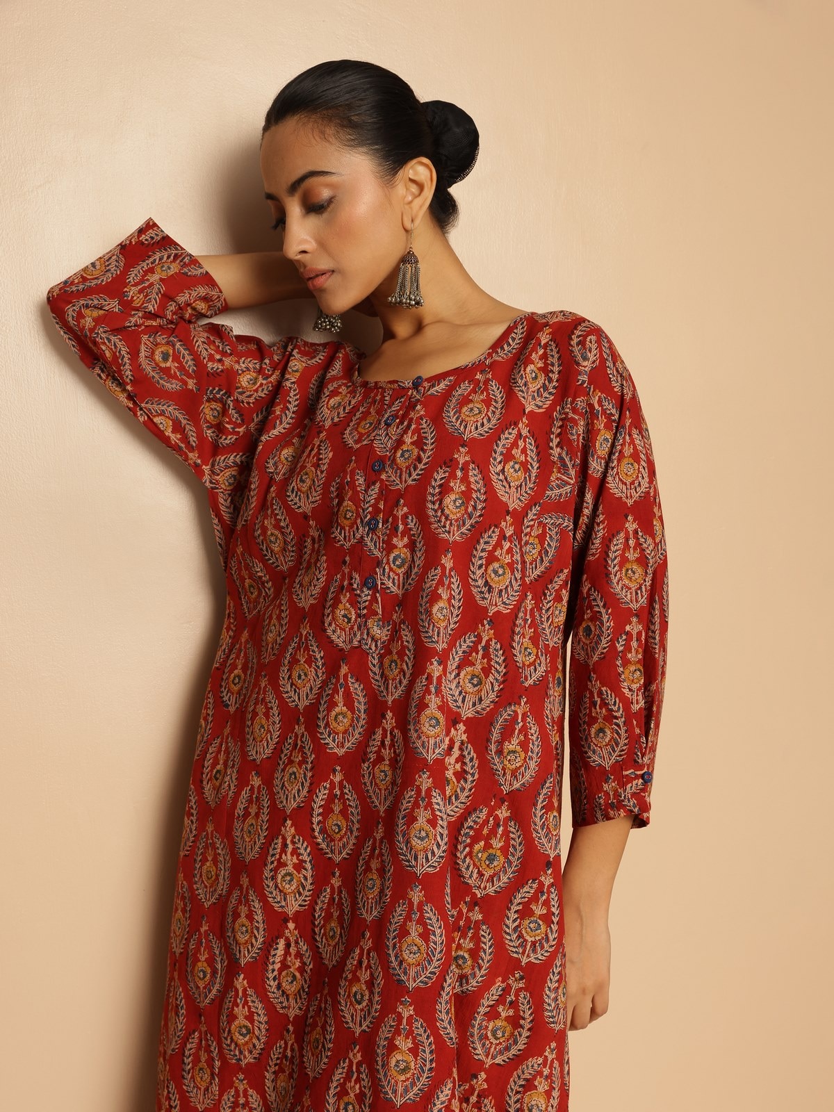 Another angle focusing on the bold Kalamkari patterns.