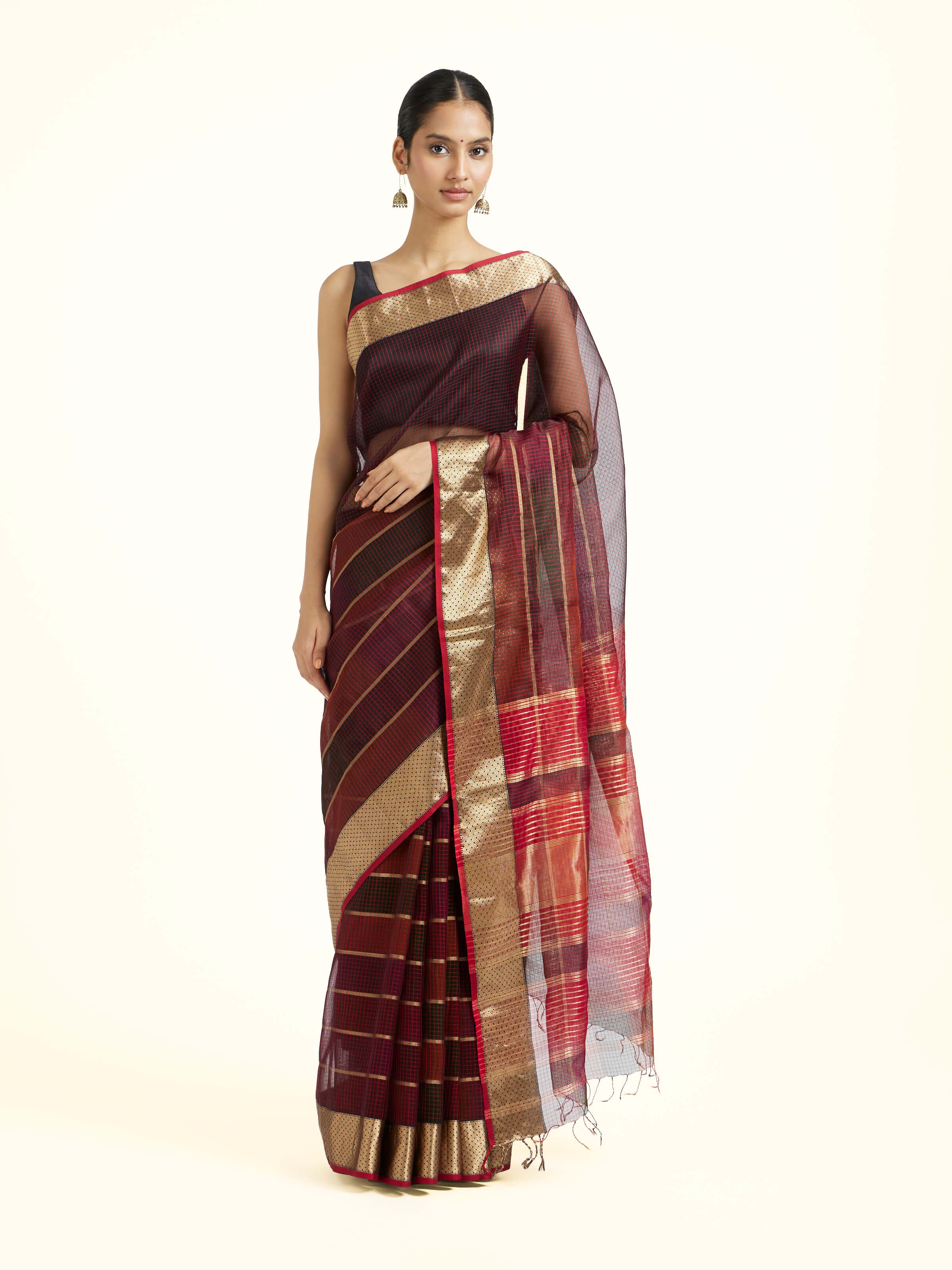 Maroon Cotton Silk Maheshwari Saree