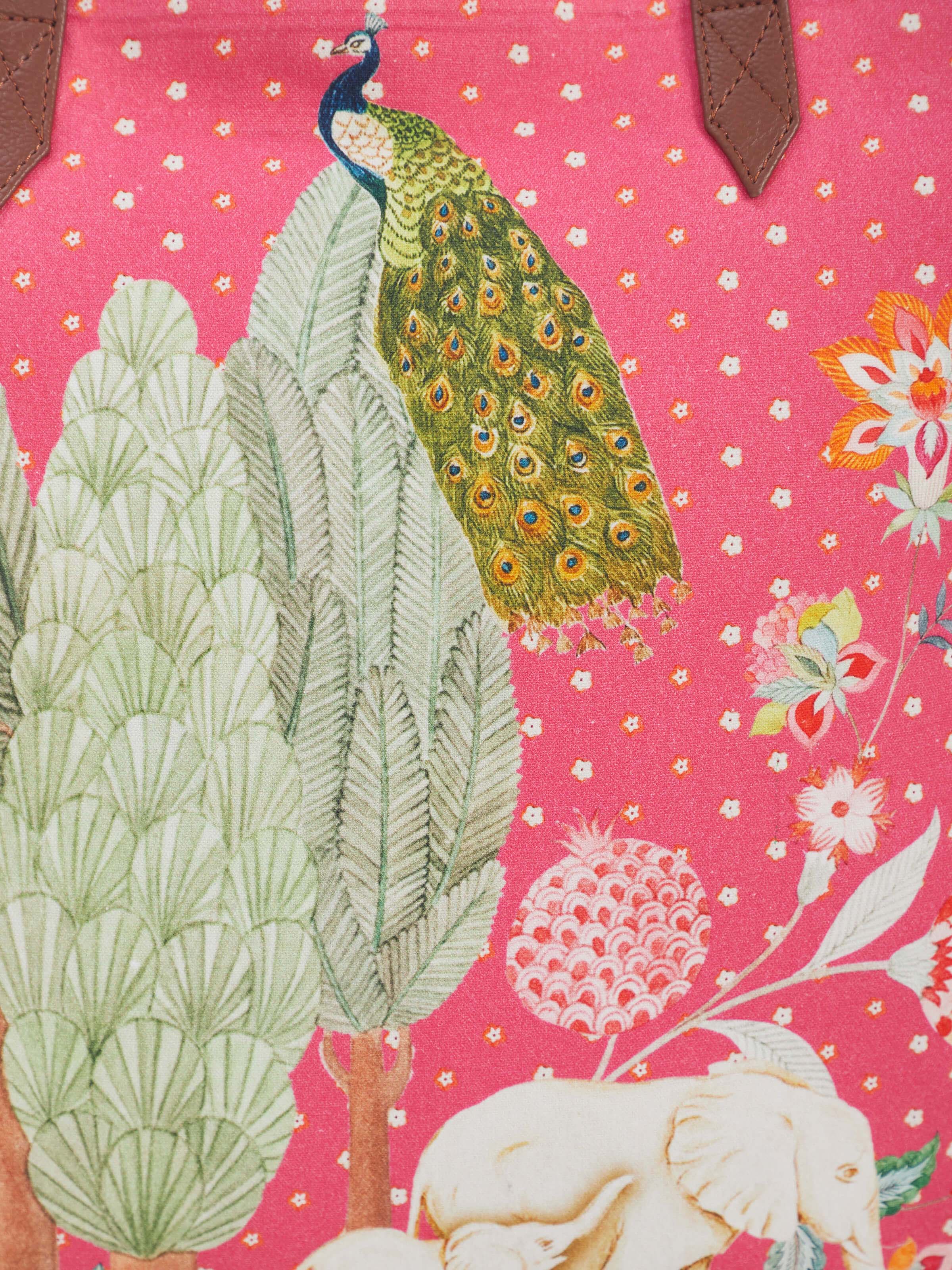 Detail view of tote bag printed with design inspired by miniature artwork showing print details