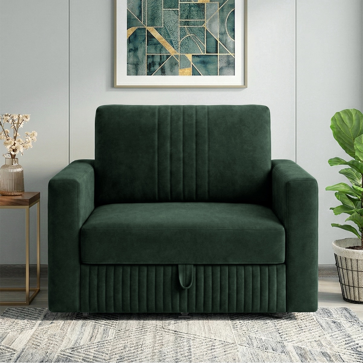 Alfon 1 Seater Velvet Pull Out Sofa Cum Bed with Storage In Green