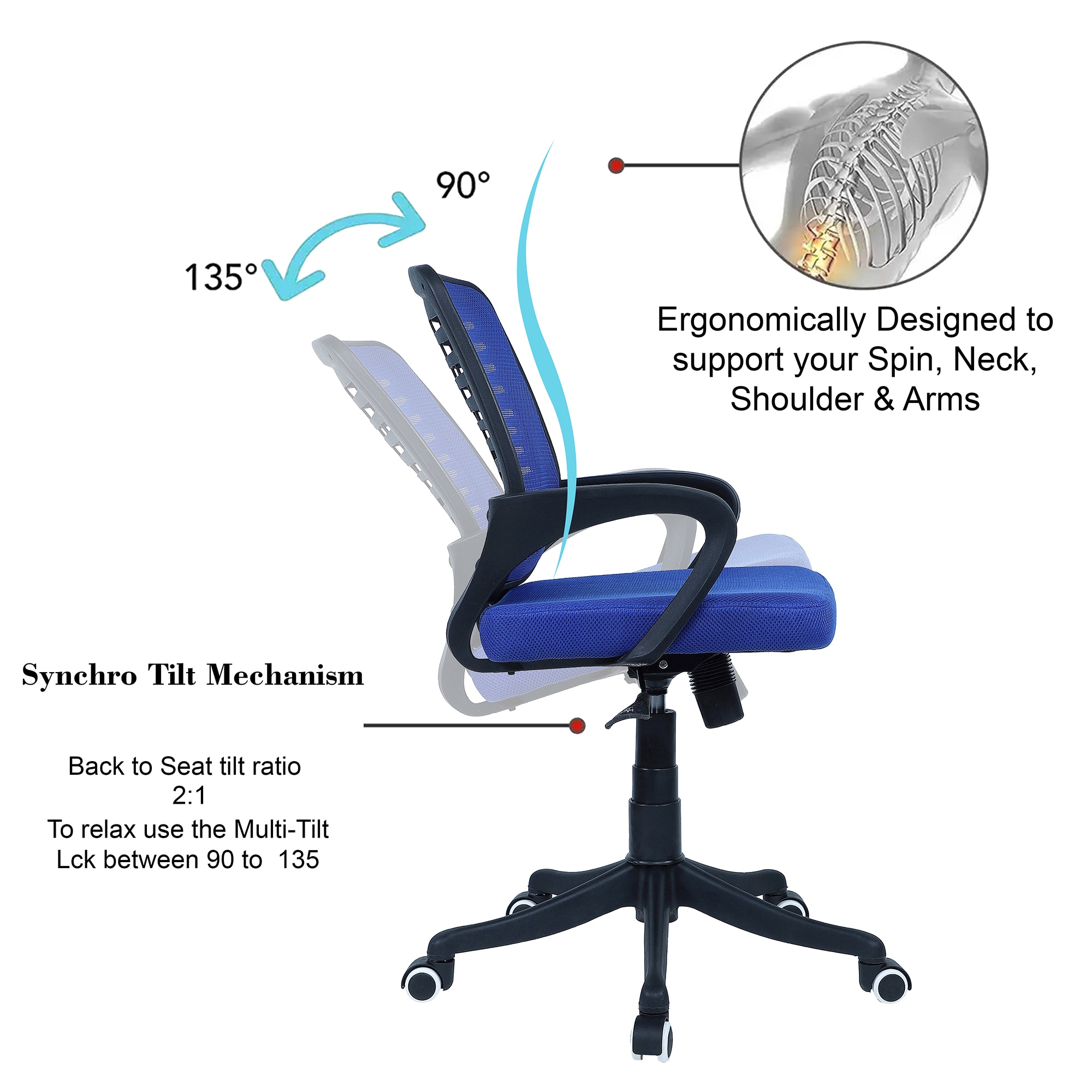 Diicea Mid Back Ergonomic Chair in Blue Colour