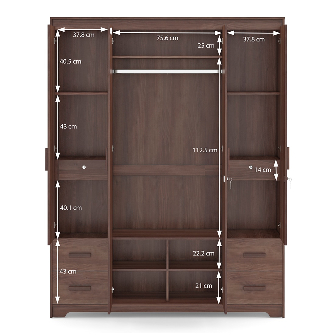 Hilton 4 Doors 4 Drawers Wardrobe With Mirror and Lock in Chestnut Acacia Finish