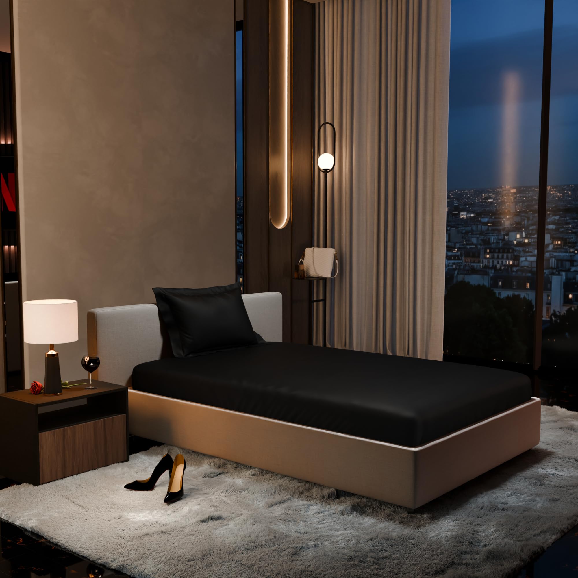 Stoa Paris 300TC UltrSatin Single Bedsheet Set Satin Single Midnight Black - Stoa Paris