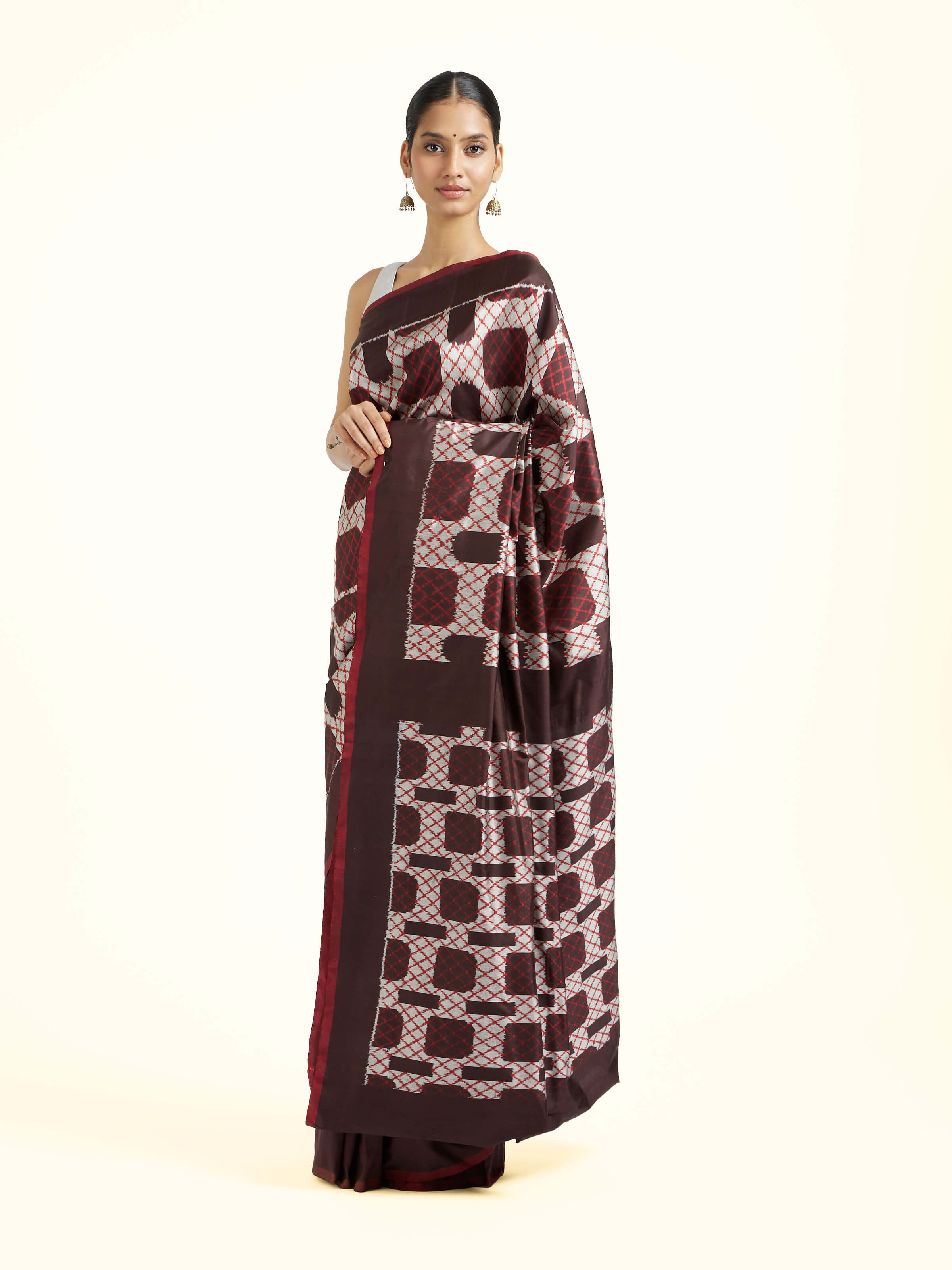 Dark Brown Silk Pochampally Single Ikat Saree