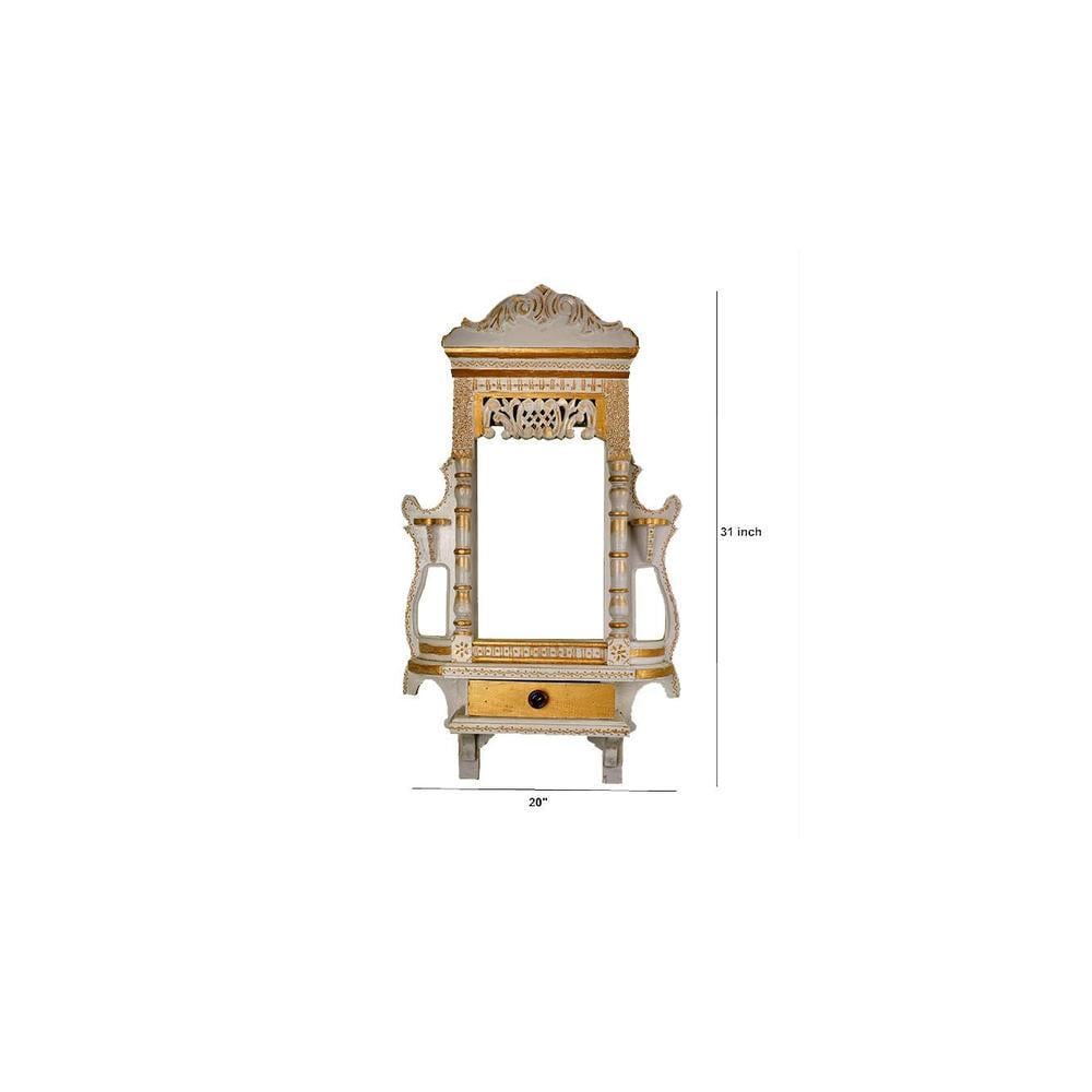 Handmade Wooden White Jharokha cum Pooja Shelf with Drawer