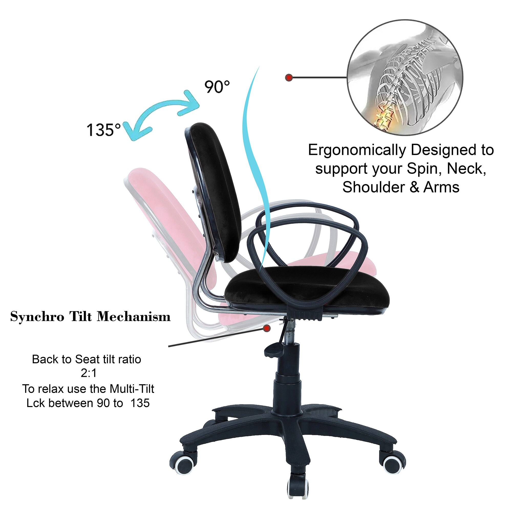 Doriona Low Back Ergonomic Chair in Black Colour