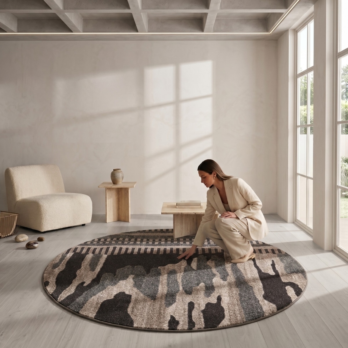 Handmade Round Wool Rug Modern Abstract Brown Grey 10 Feet Carpet - NEU LOOMS