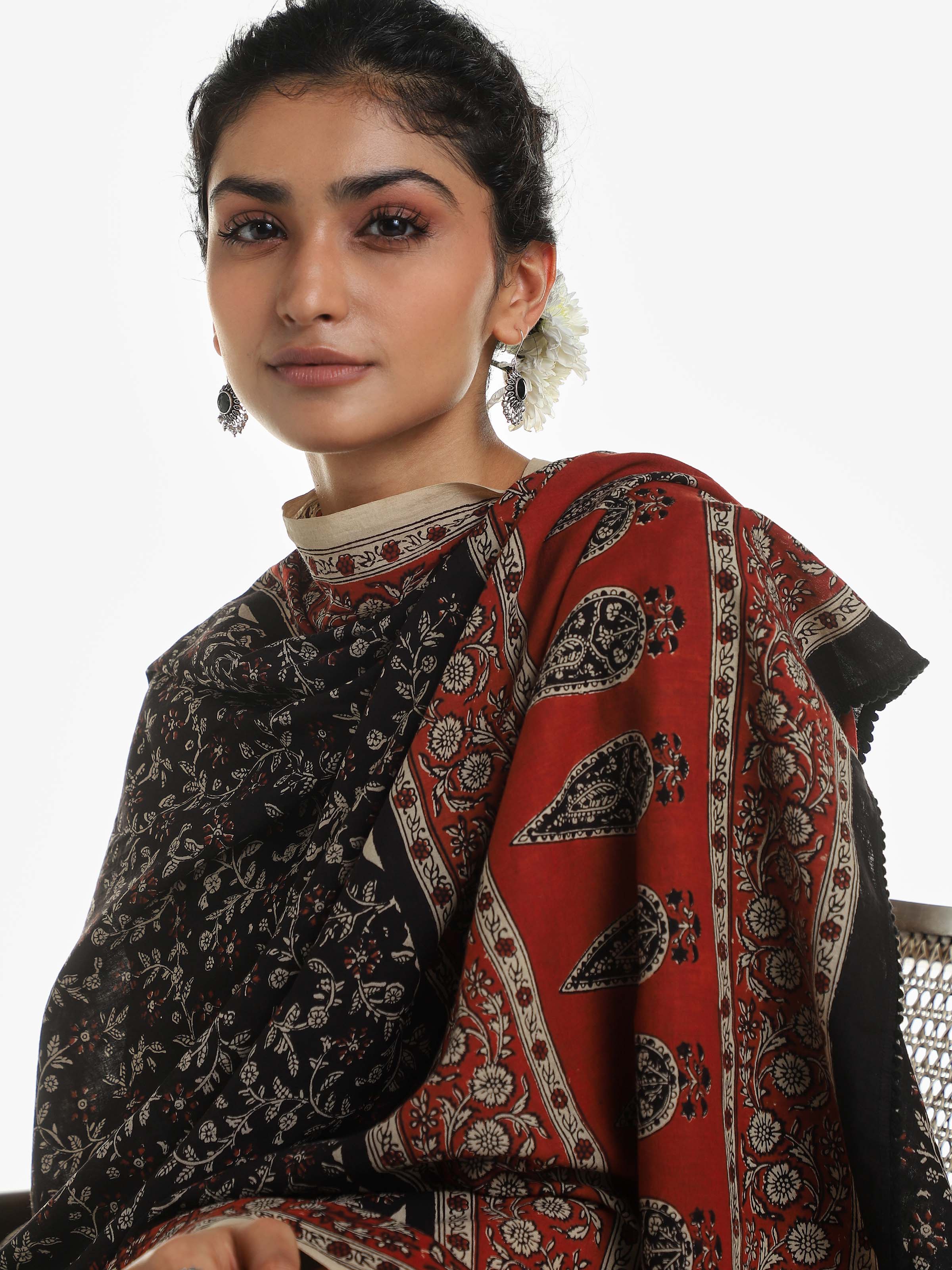 Black Cotton Bagru Block Printed Dupatta