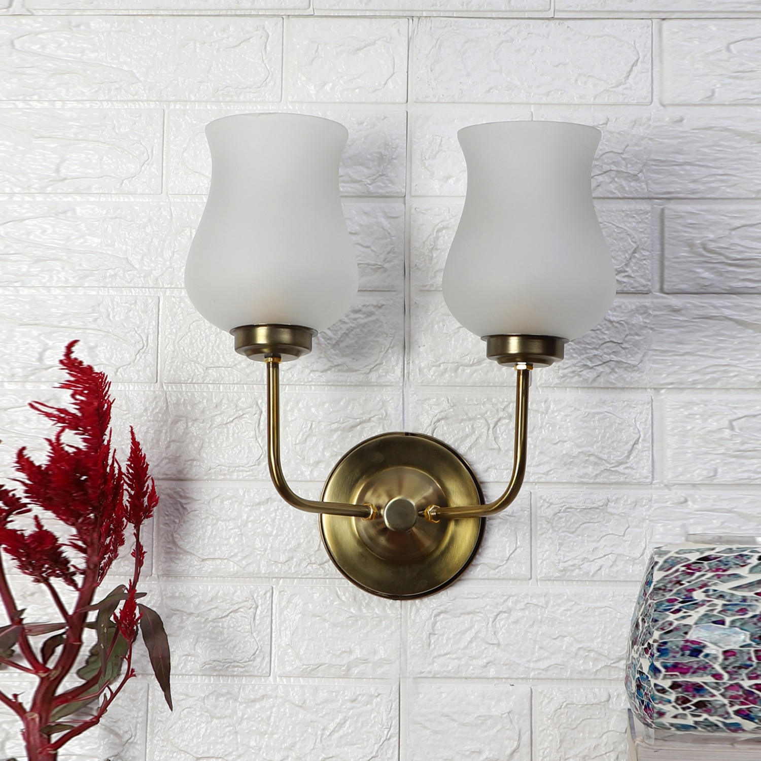 Devansh Metal Electric Wall Light in Gold Colour with White Shade Count of 2 Lights - Devansh