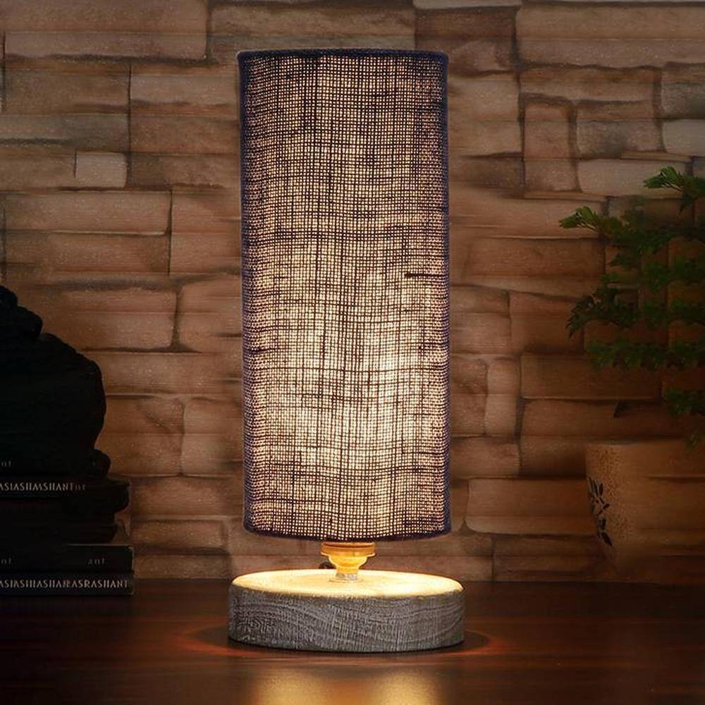 Walter Blue Jute table lamp with White Brushed wood base
