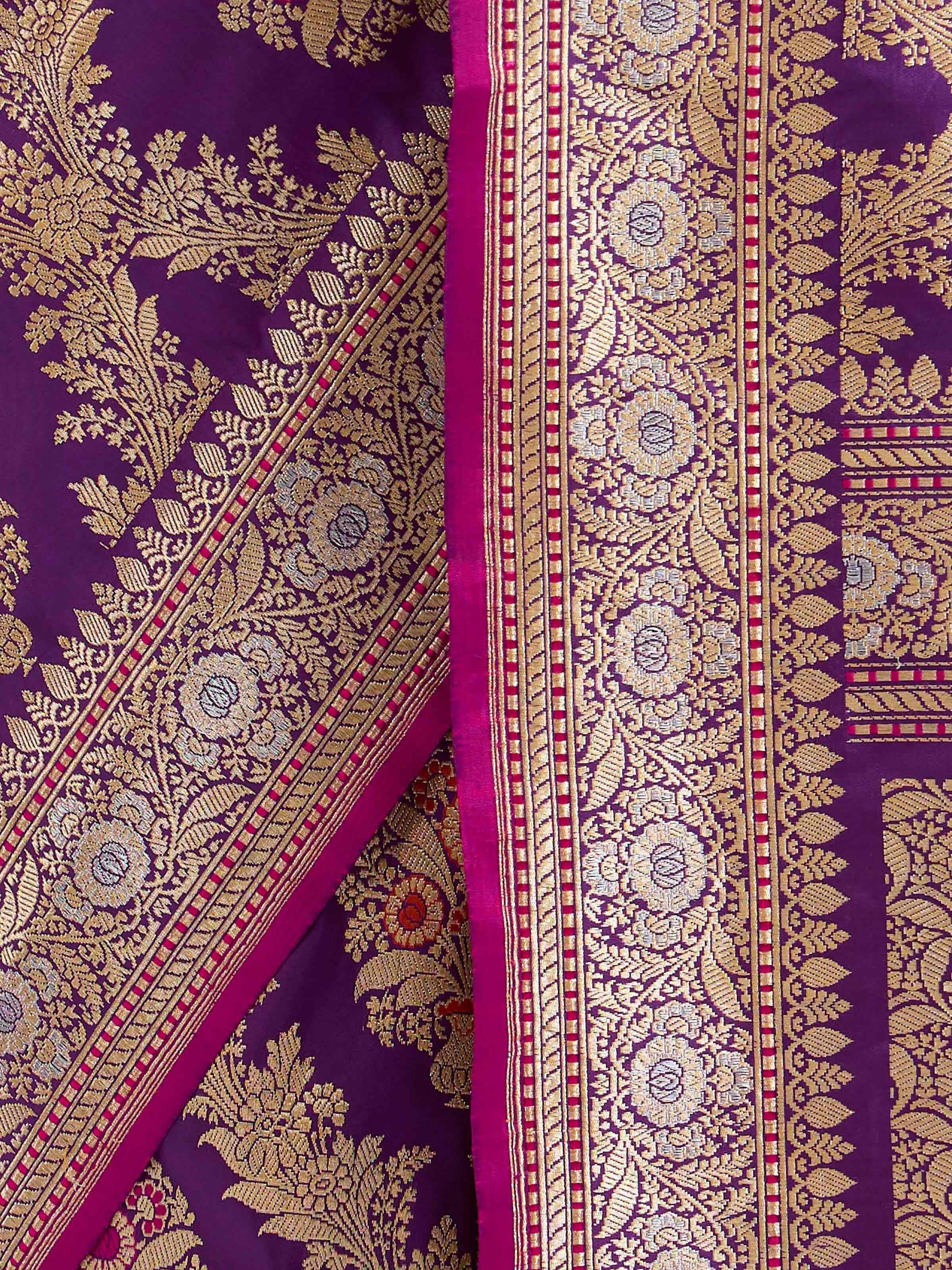 Draped detail view of the Purple Banarasi Kadhwa Silk Saree