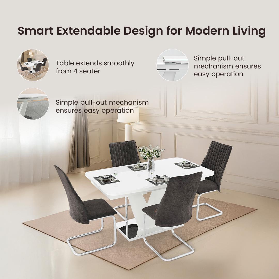 Caribu Glass 4 To 6 Seater Extendable Dining Table In White High Gloss Finish
