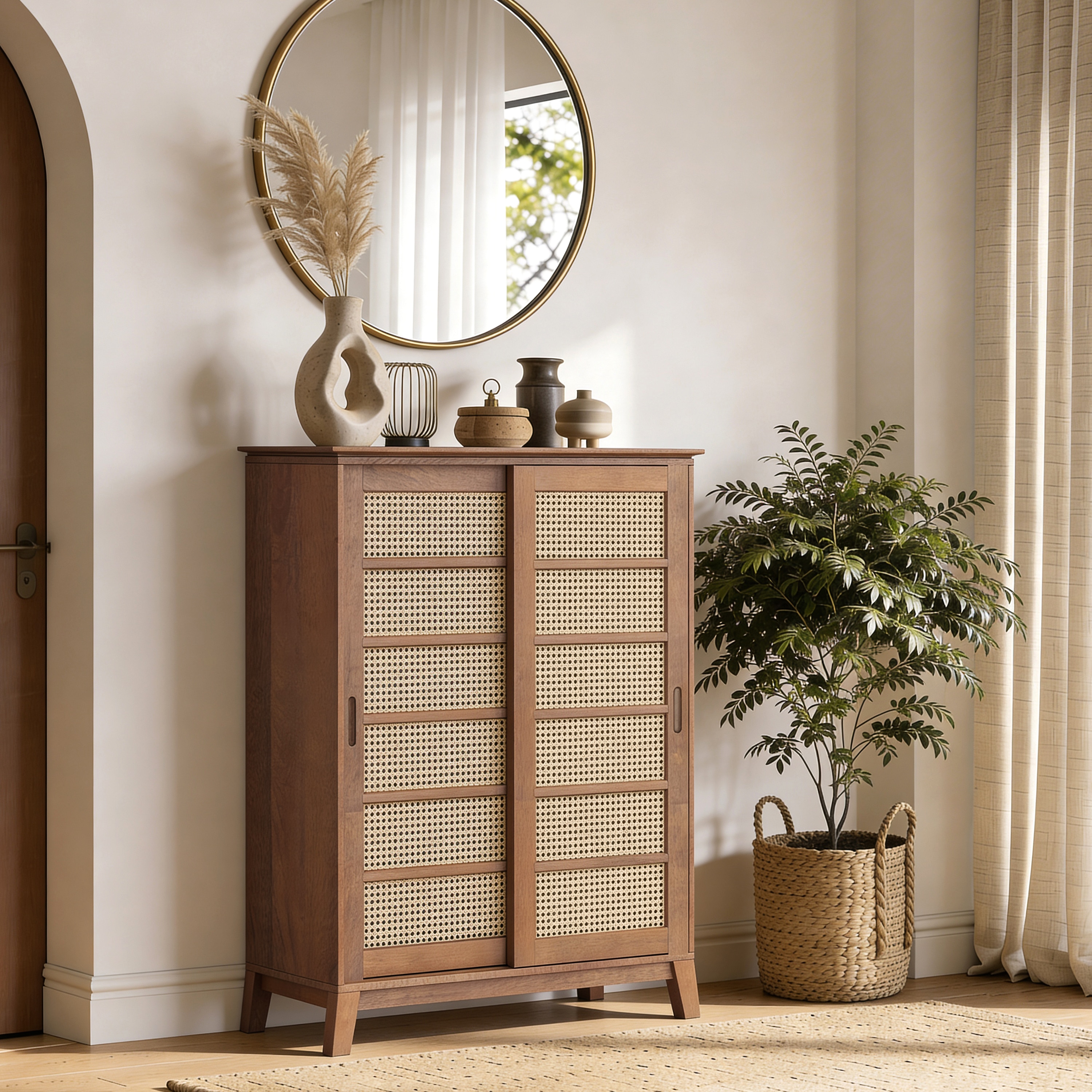 Fujiwara Solidwood and Cane Shoe Cabinet In Amber Walnut Finish-image-19