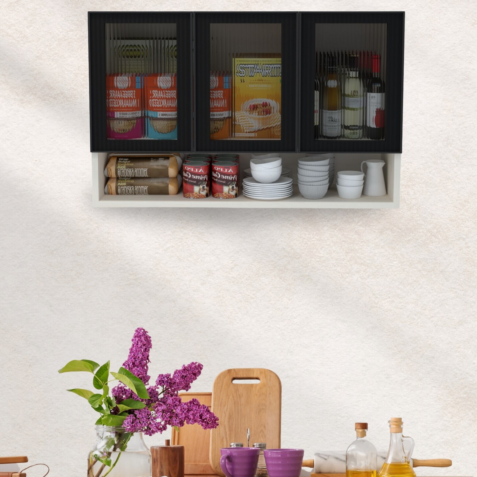 Aluminium Black Profile 3 Fluted Glass Handless Shutter With Space Organizer In Highland Pine Finish - Speciality Panels