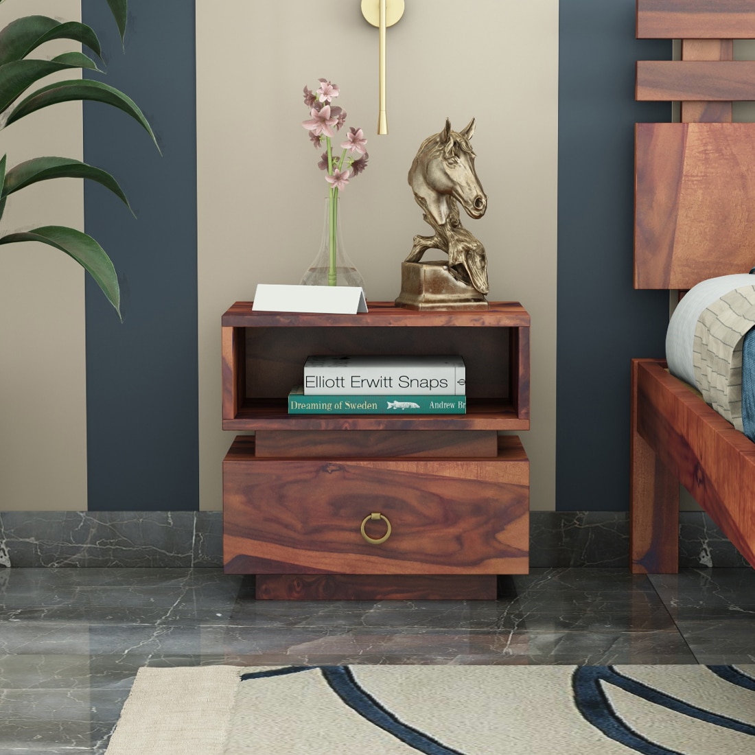Kaka Solid Wood Bedside Table in Teak Finish