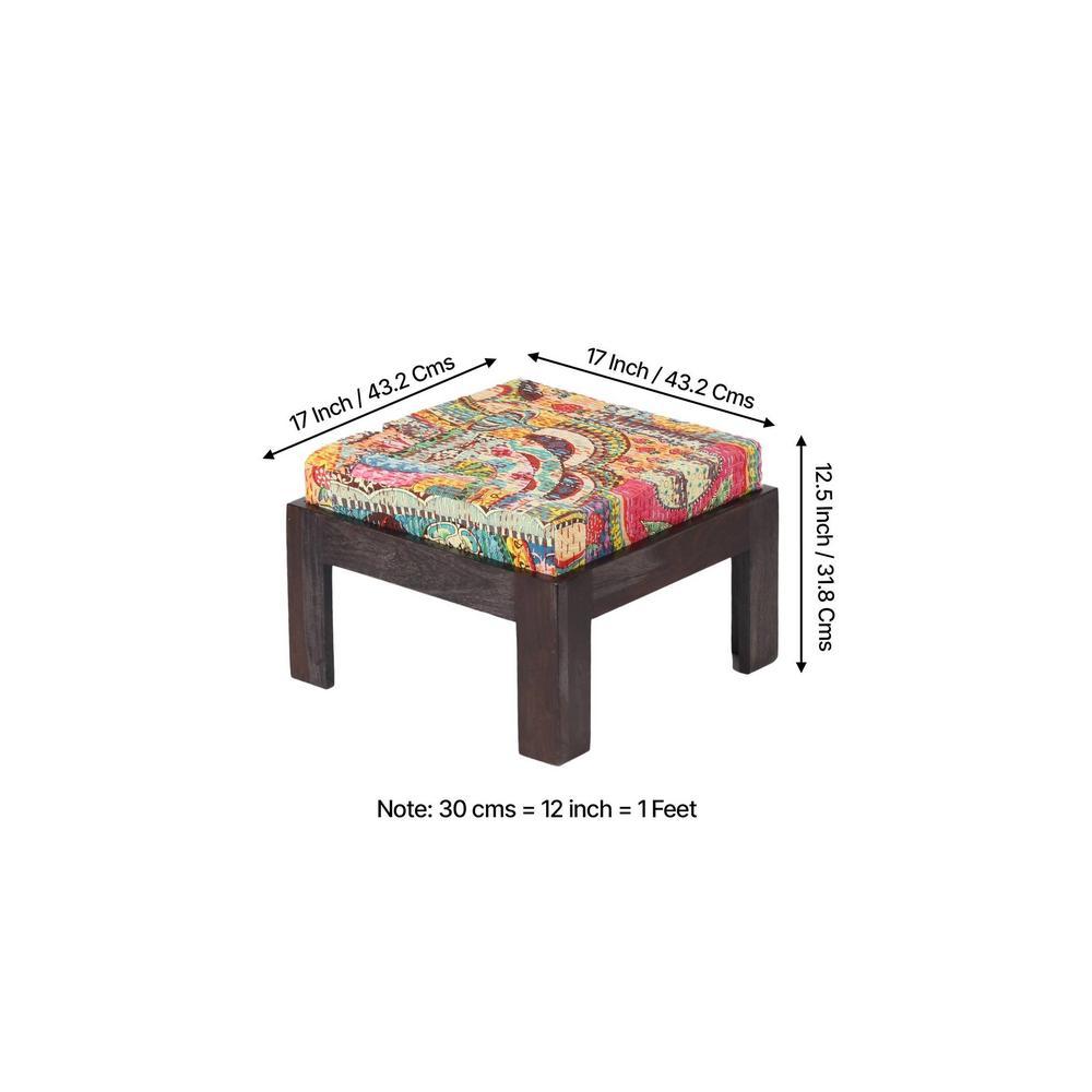 Irish Sheesham Wood Coffee Table With 2 Stools Set In Mahogany Finish & Multi Colour Israel Print Kantha Fabric Cushions