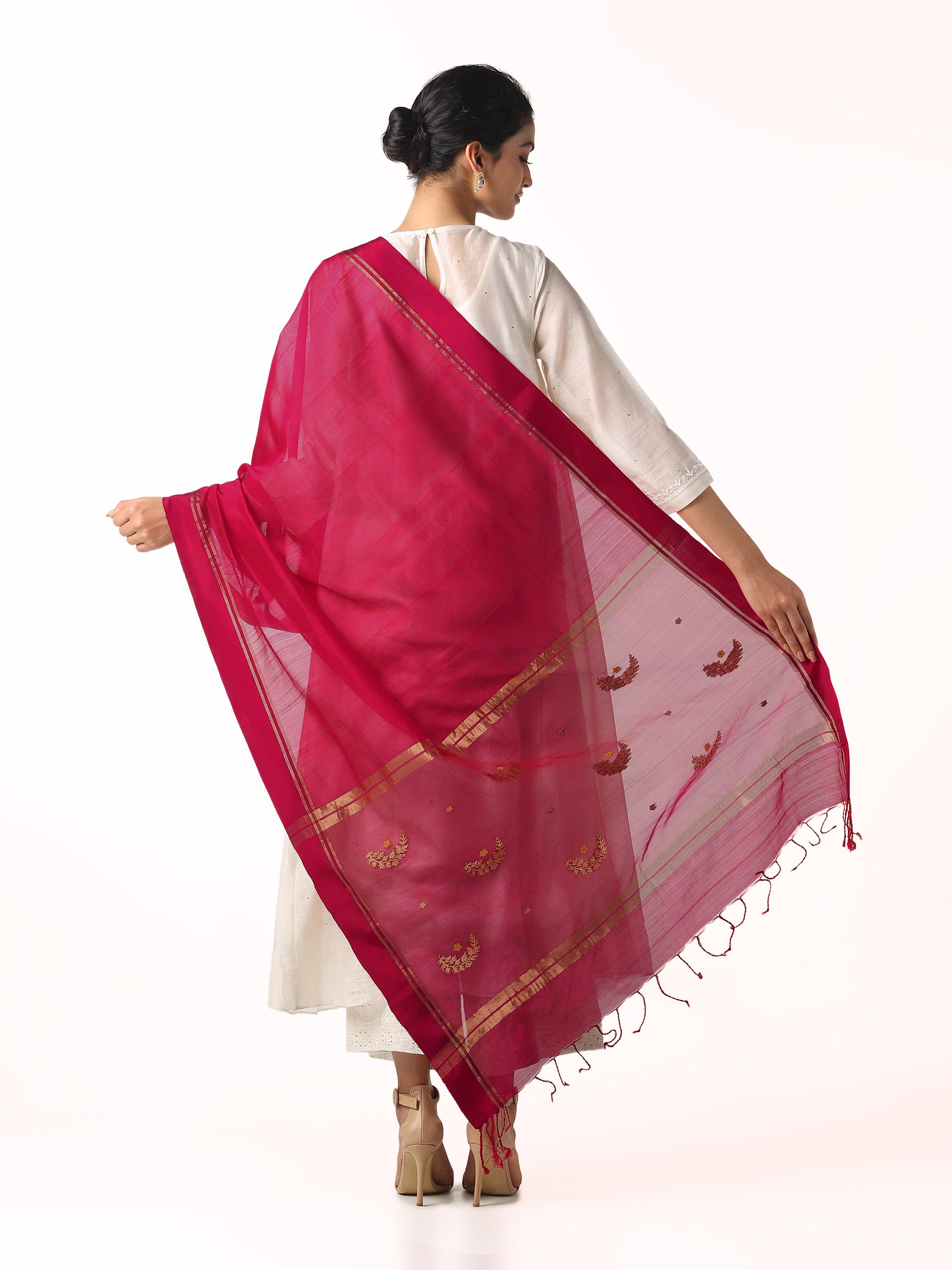 Back view of fuschia cotton silk Chanderi dupatta displaying overall design