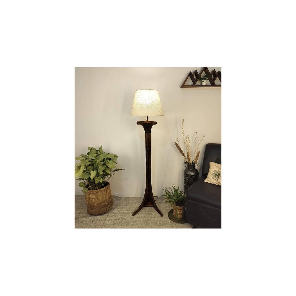 Lucas Wooden Floor Lamp with Brown Base and Jute Fabric Lampshade