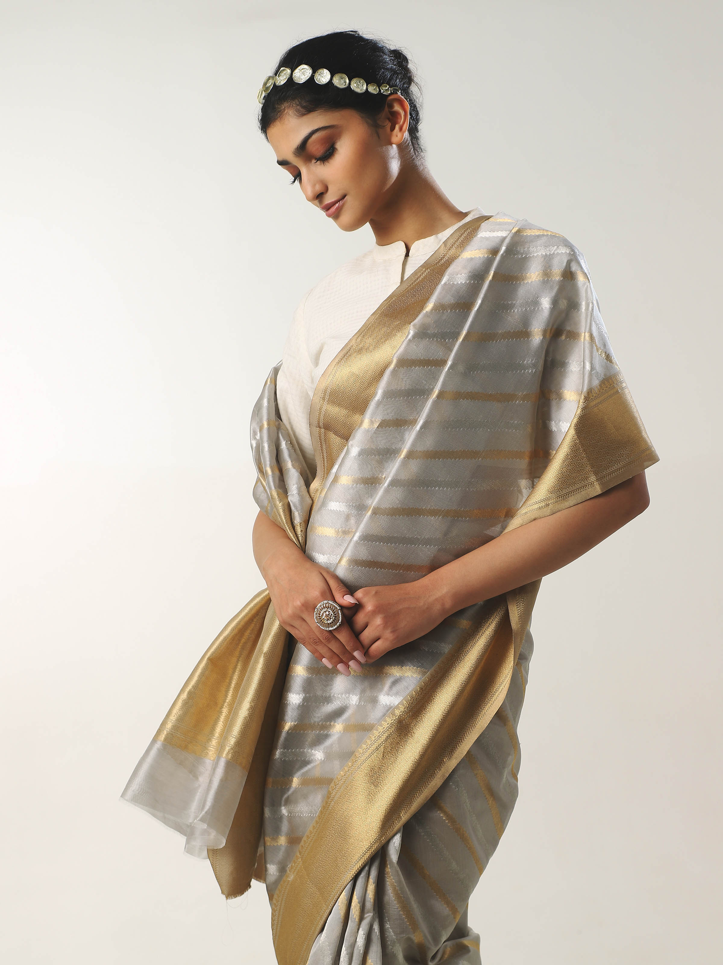 Alternate side view of grey cotton silk Chanderi saree emphasizing woven texture