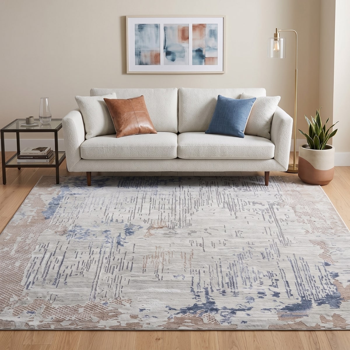 Blue Ivory Abstract Wool Silk Hand Tufted Area Rug for Living Room Bedroom 5x7