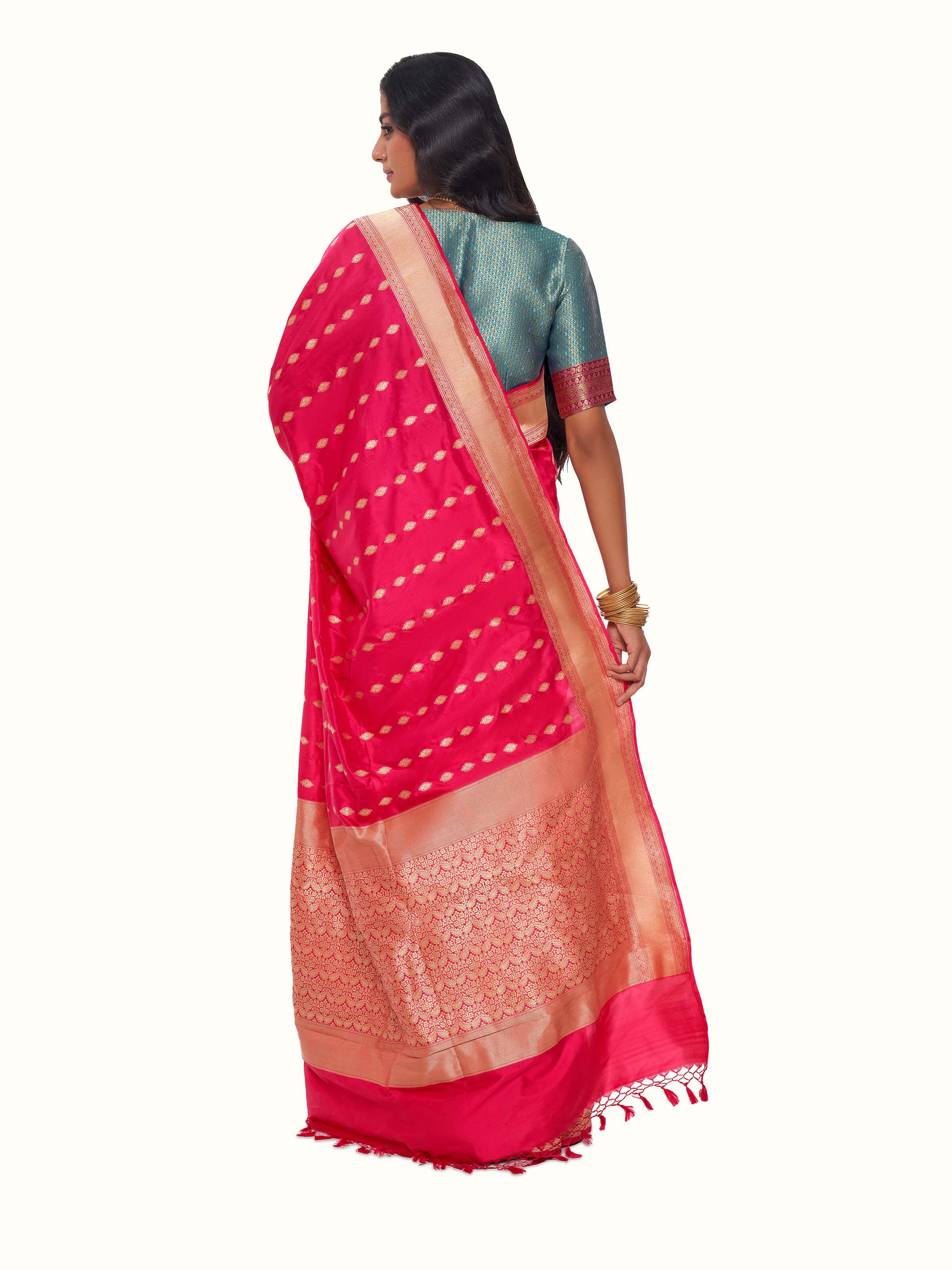 Back view of purple mulberry katan silk Banarasi saree with ornate pallu design