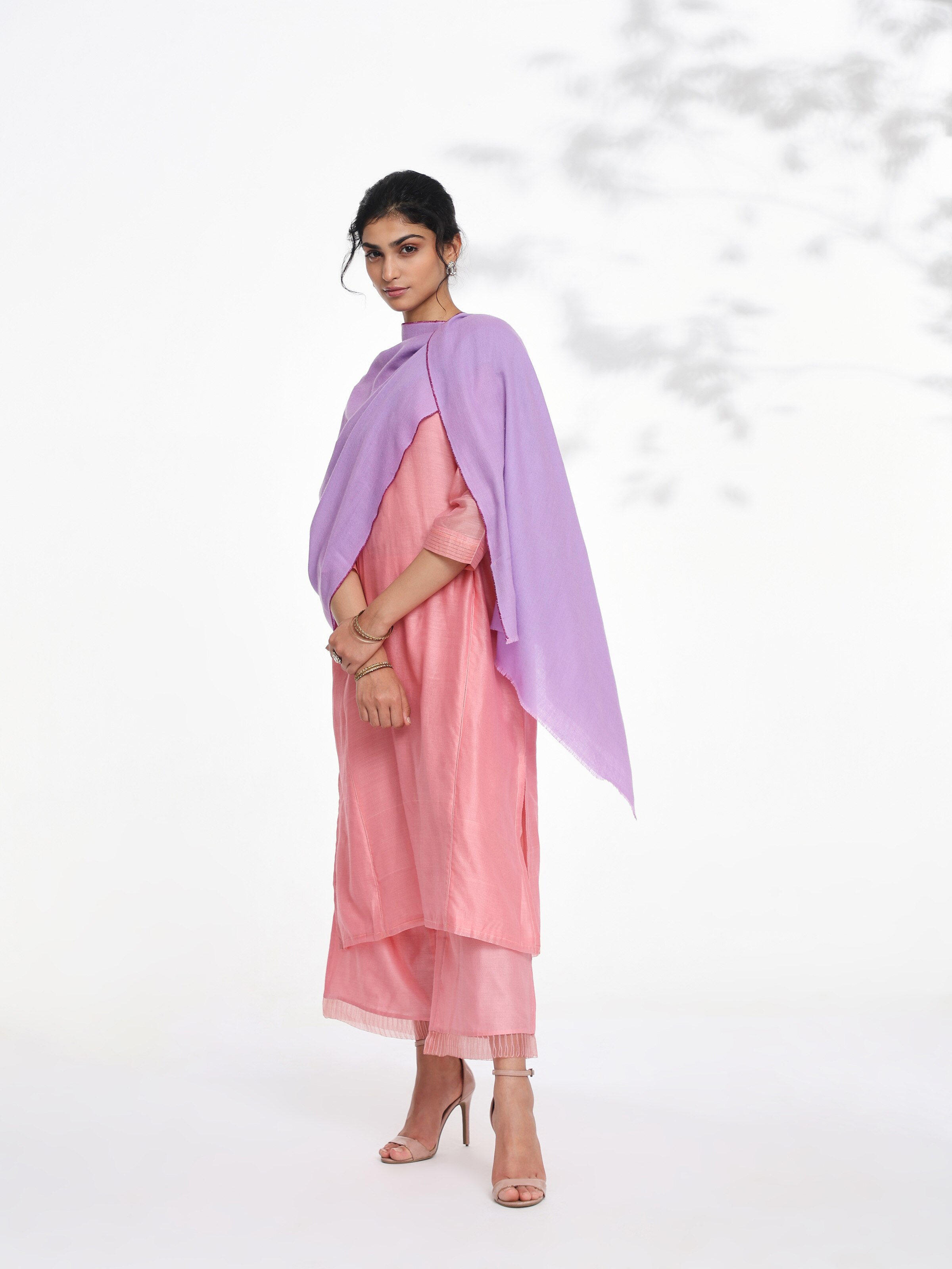 Side view of purple cashmere kaaj embroidered handwoven stole highlighting craftsmanship