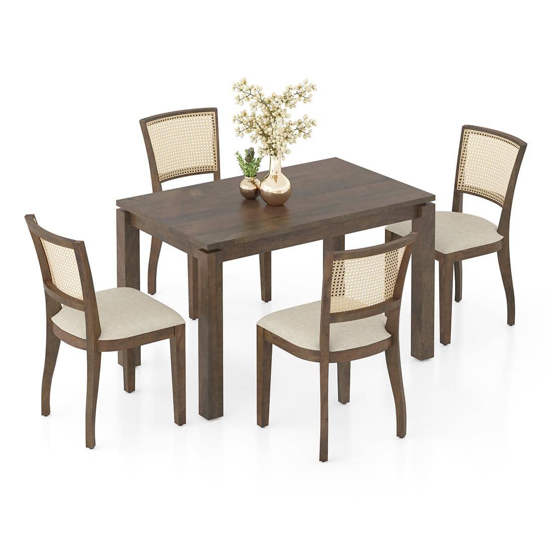Atlas Solid Wood 4 Seater Dining Table In Danish Walnut Finish With Reed Dining Chairs